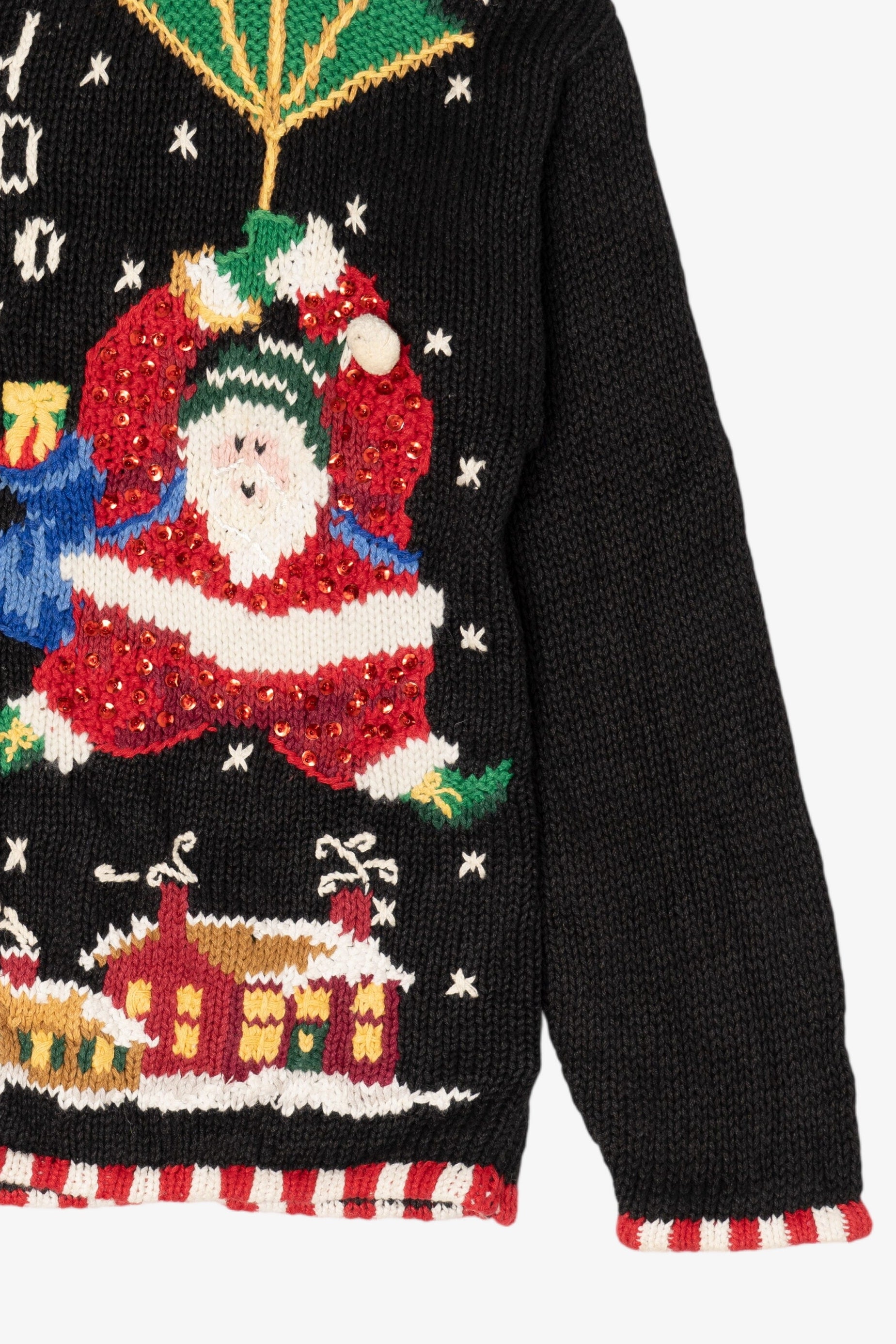 Vintage Black Studio Works Santa Skiing Parachuting Ugly Christmas Cardigan (1990s)