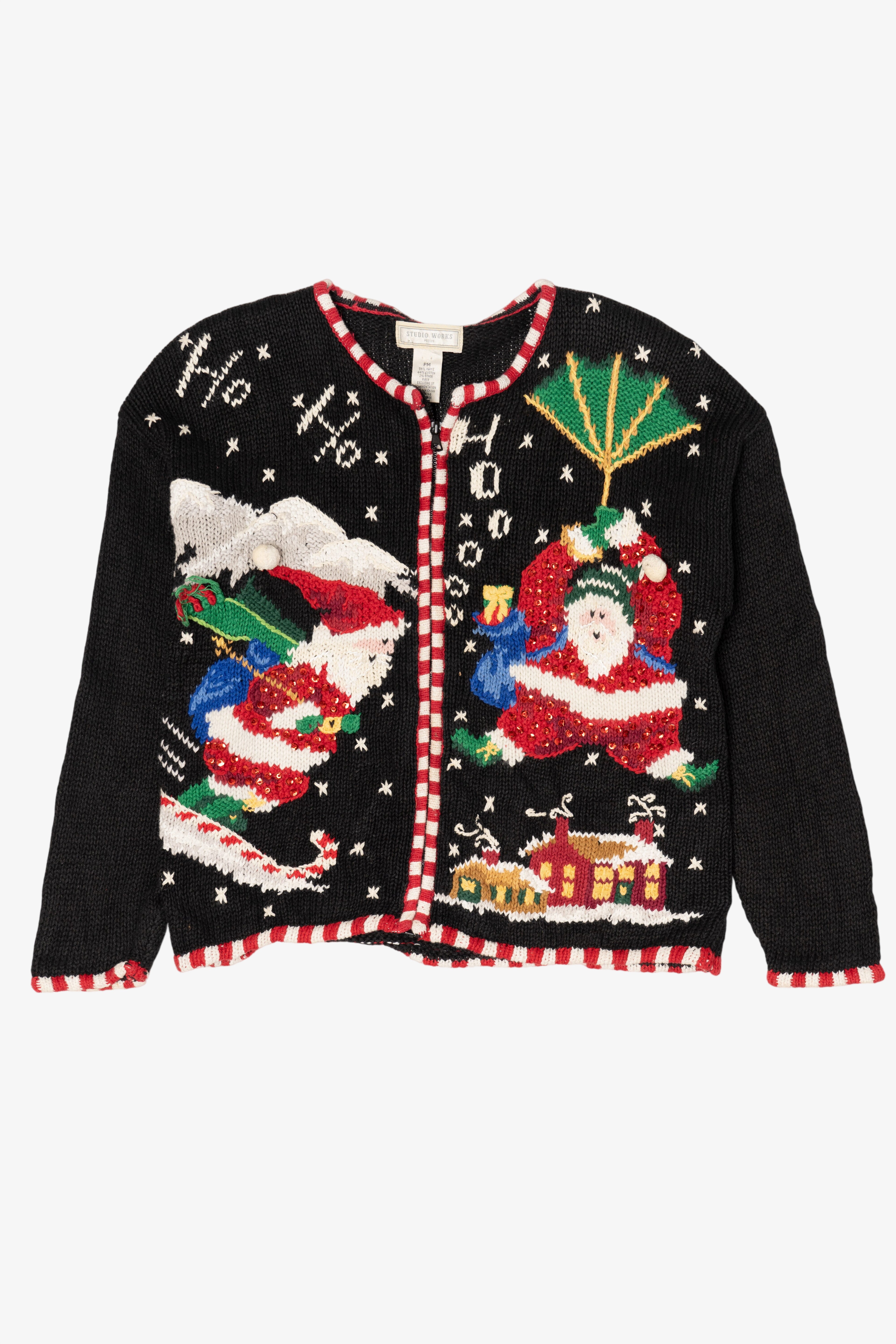 Vintage Black Studio Works Santa Skiing Parachuting Ugly Christmas Cardigan (1990s)