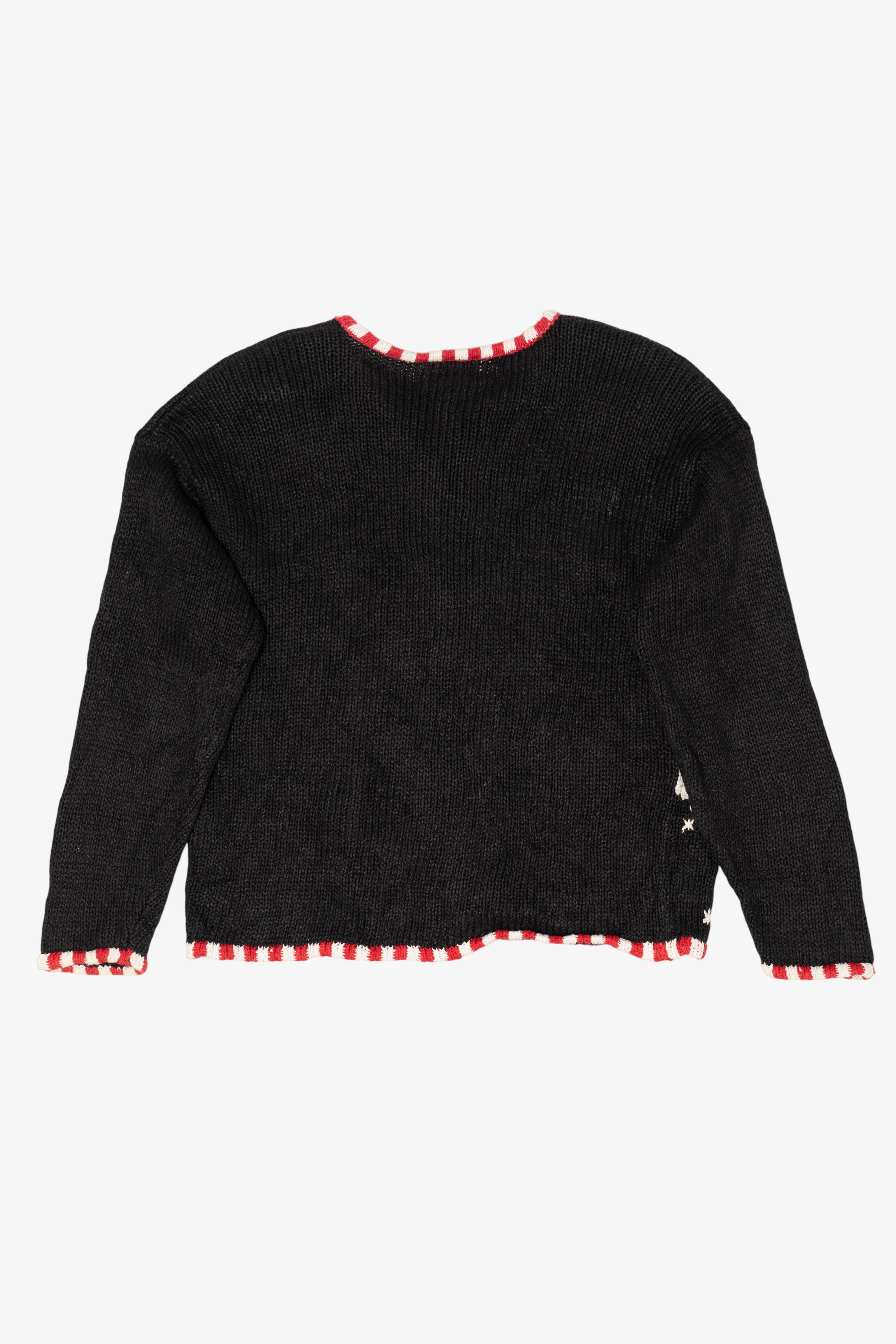 Vintage Black Studio Works Santa Skiing Parachuting Ugly Christmas Cardigan (1990s)