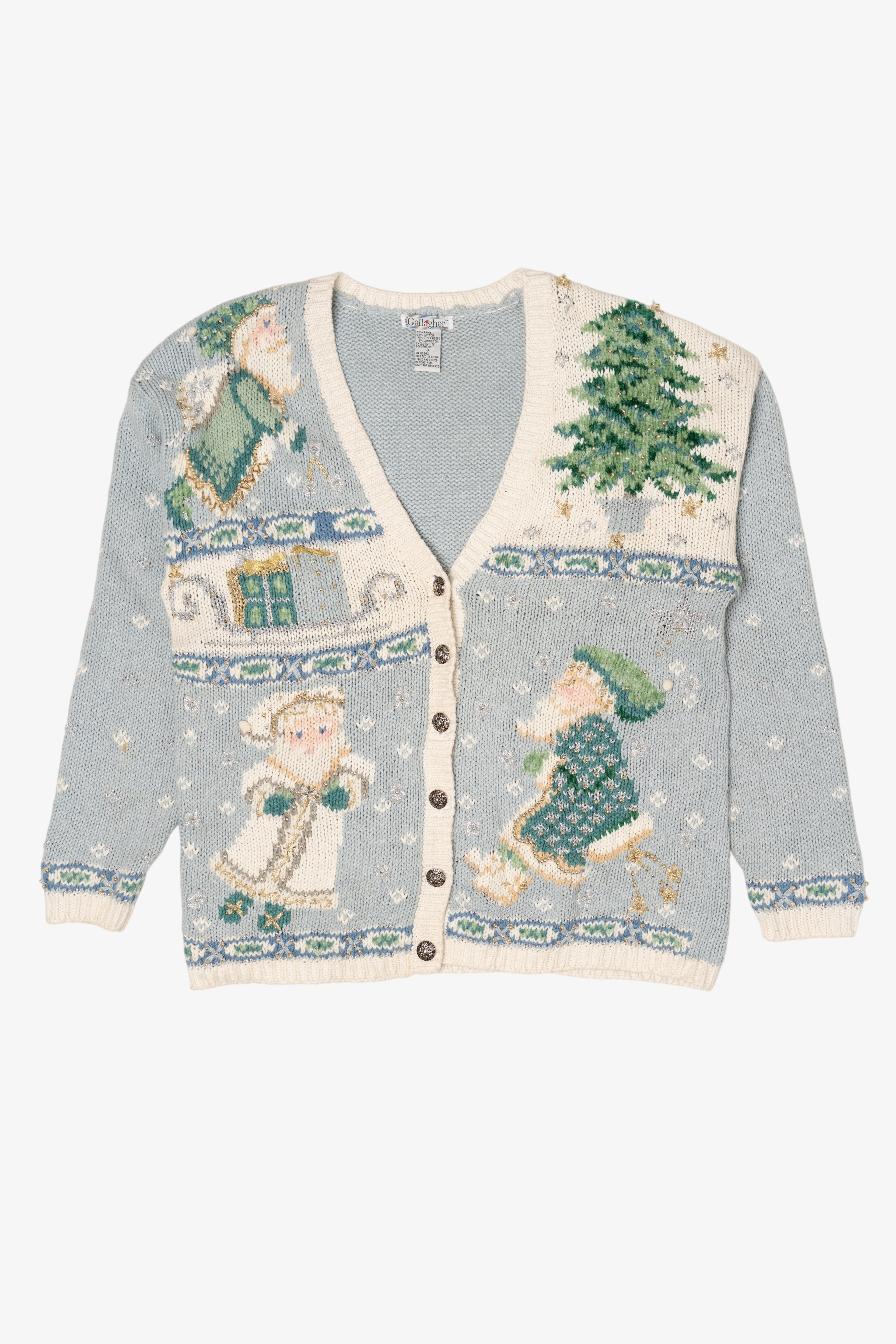 Vintage Light Blue Gallagher Santa Ugly Christmas Cardigan (1990s)
