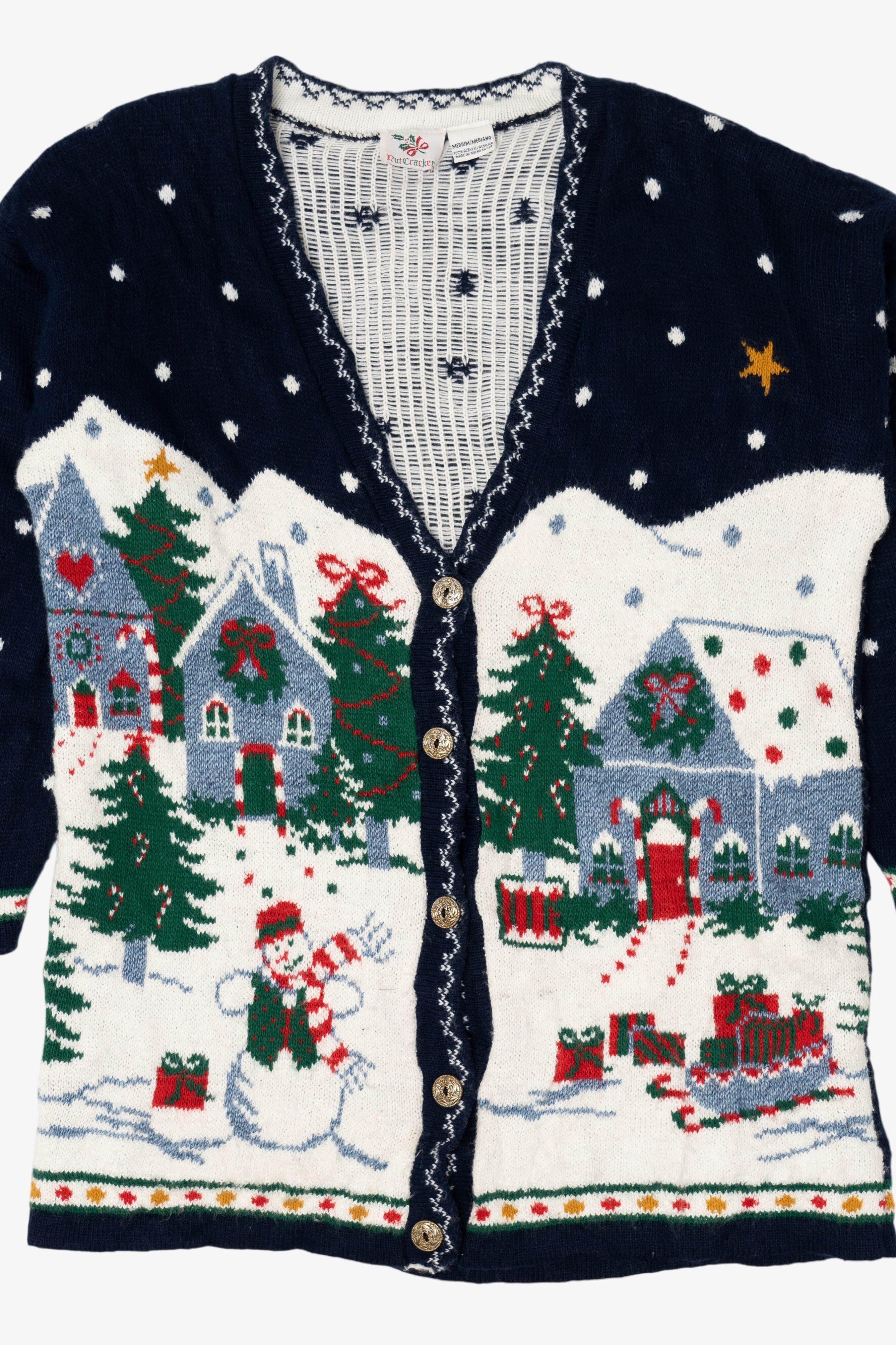 Vintage Navy Blue Nutcracker Winter Scene Ugly Christmas Cardigan (1990s)
