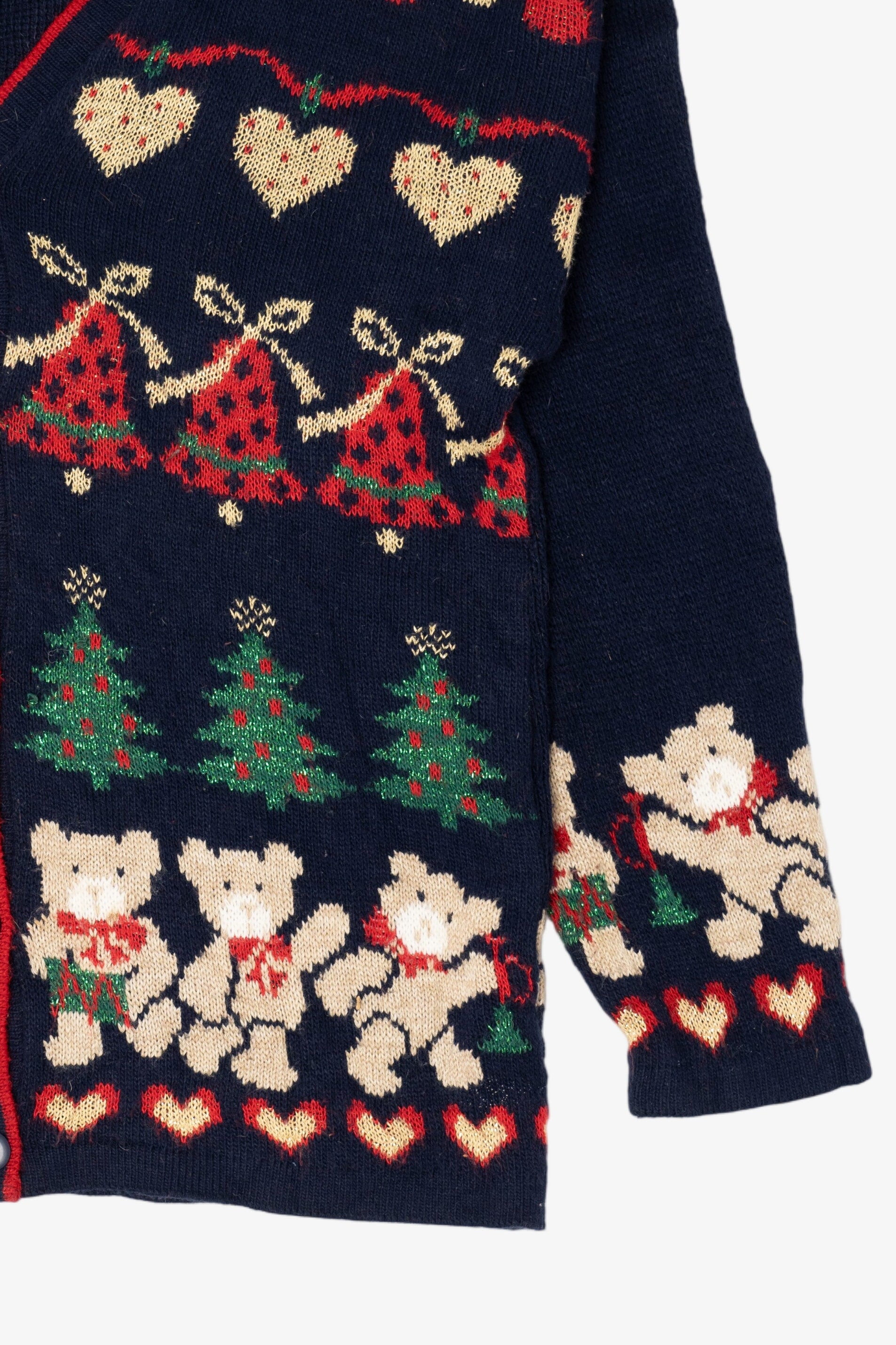 Vintage Navy Blue Nutcracker Teddy Bears Ugly Christmas Cardigan (1980s)