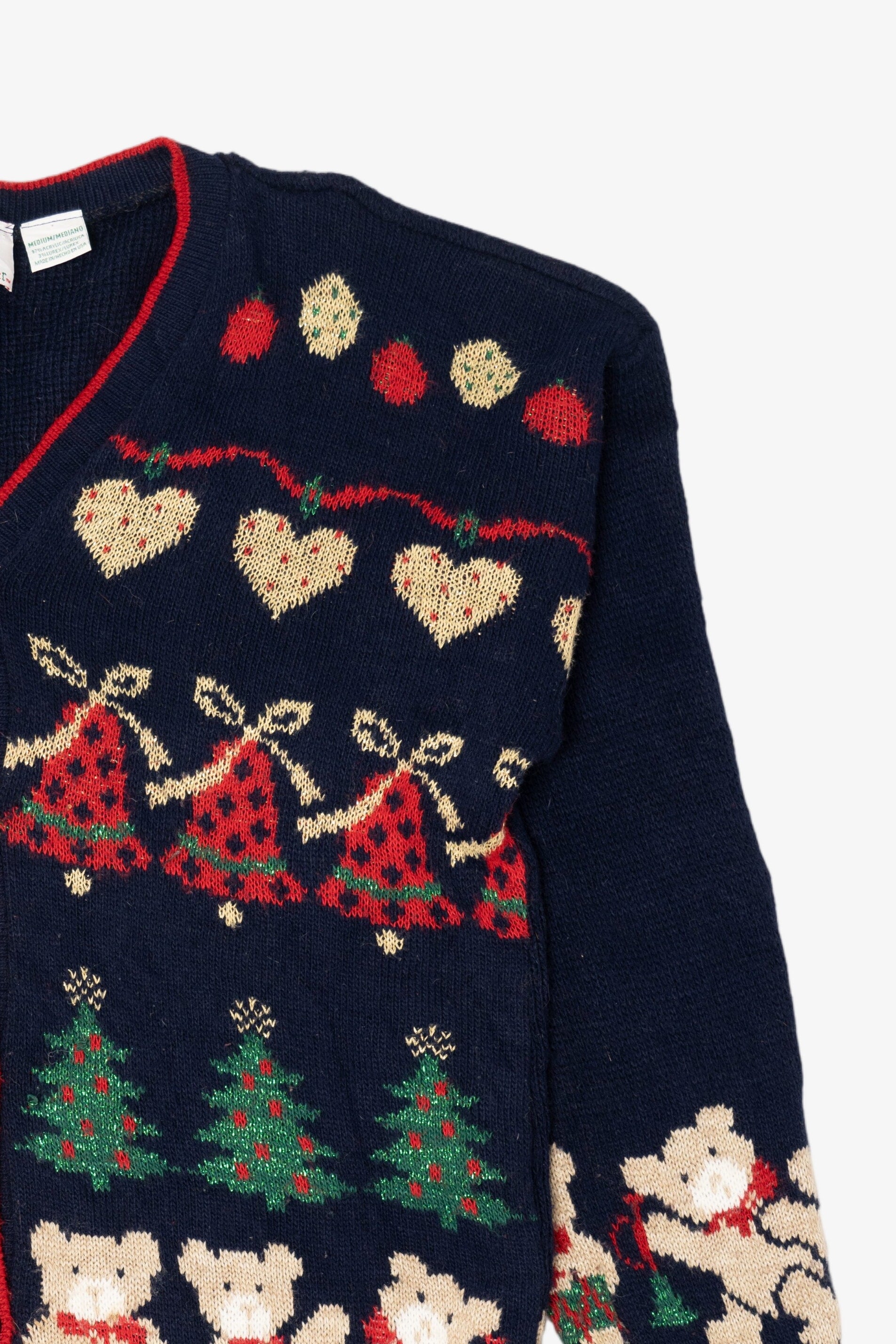 Vintage Navy Blue Nutcracker Teddy Bears Ugly Christmas Cardigan (1980s)