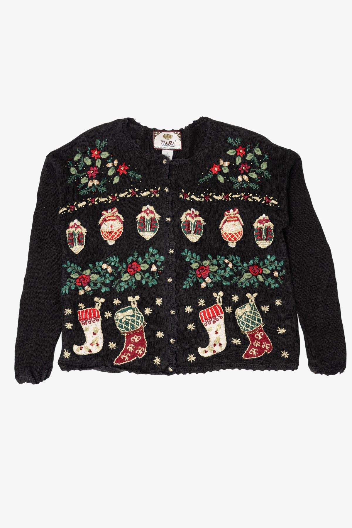 Vintage Black Tiara International Ornaments Ugly Christmas Cardigan (2000s)