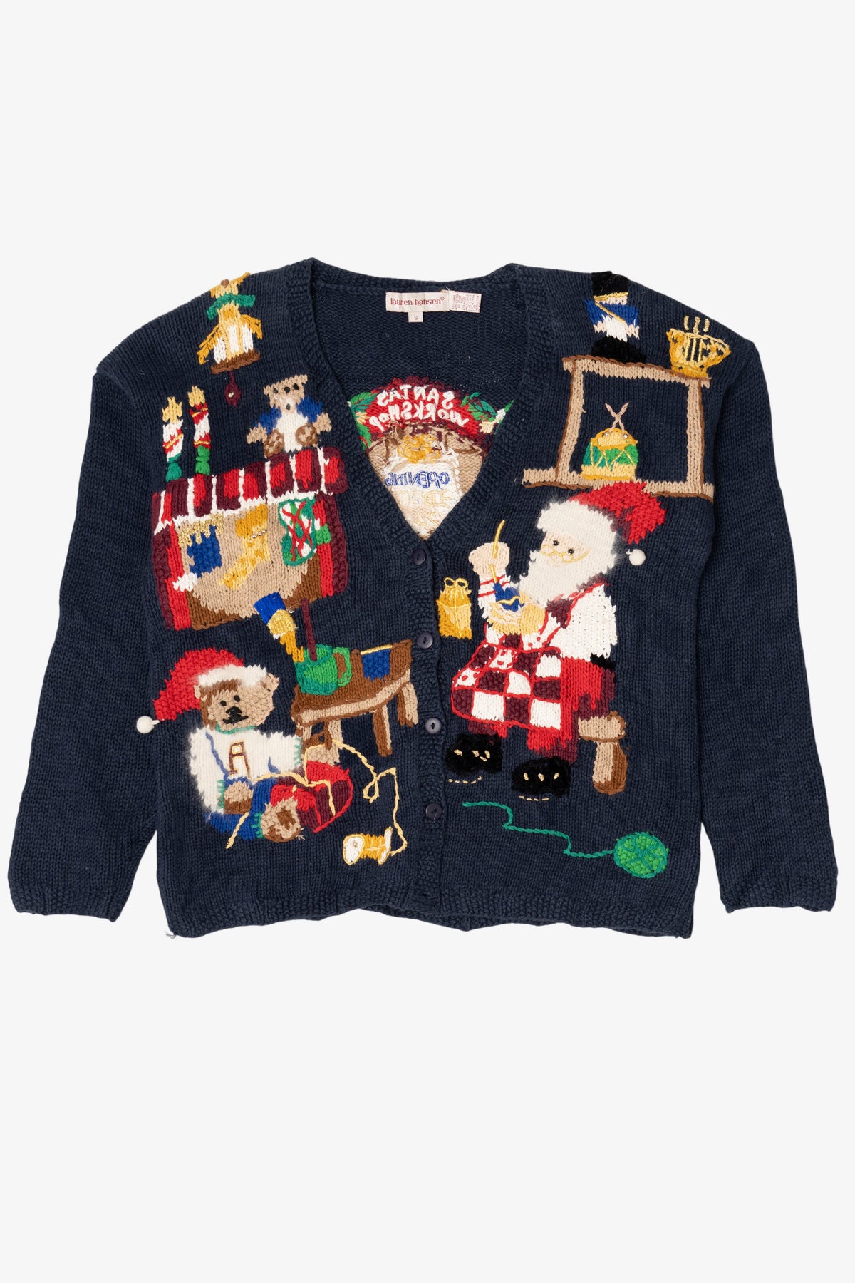 Vintage Navy Blue Lauren Hansen Santa's Workshop Ugly Christmas Cardigan (1990s)