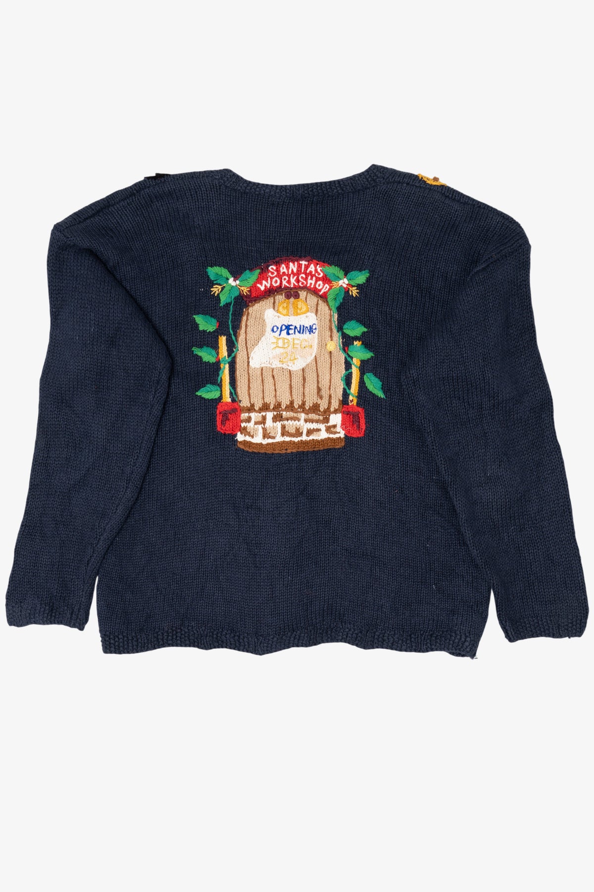 Vintage Navy Blue Lauren Hansen Santa's Workshop Ugly Christmas Cardigan (1990s)