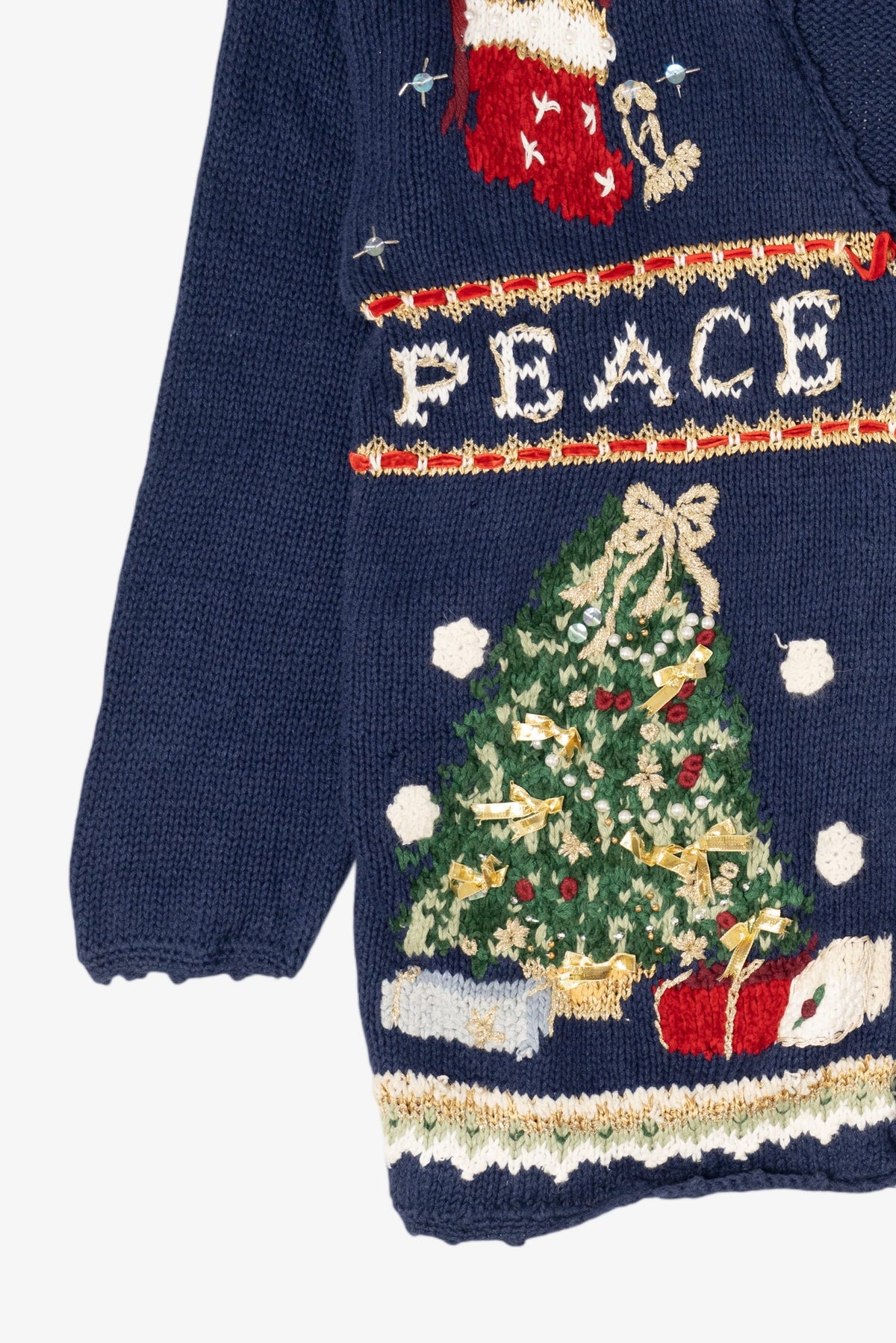 Vintage Navy Blue Tiara International "Peace" Ugly Christmas Cardigan (1990s)
