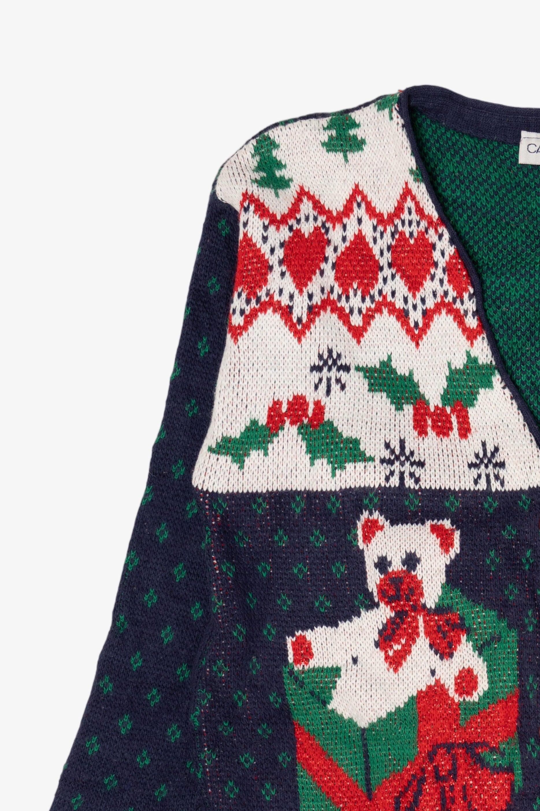 Vintage Navy Blue Cabin Creek Teddy Bears Ugly Christmas Cardigan (1990s)