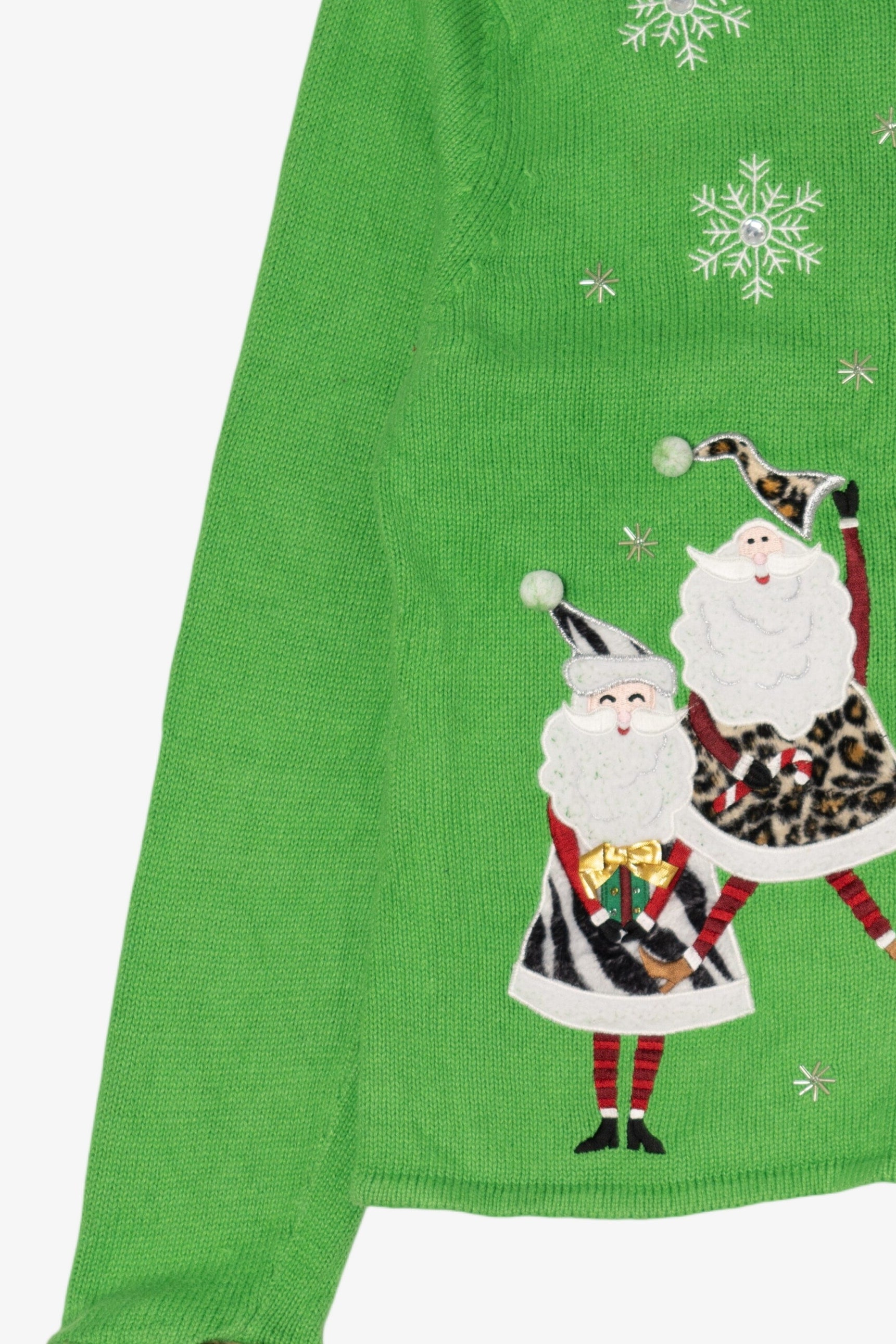 Vintage Green Crystal Kobe Santa Animal Print Ugly Christmas Cardigan (1990s)