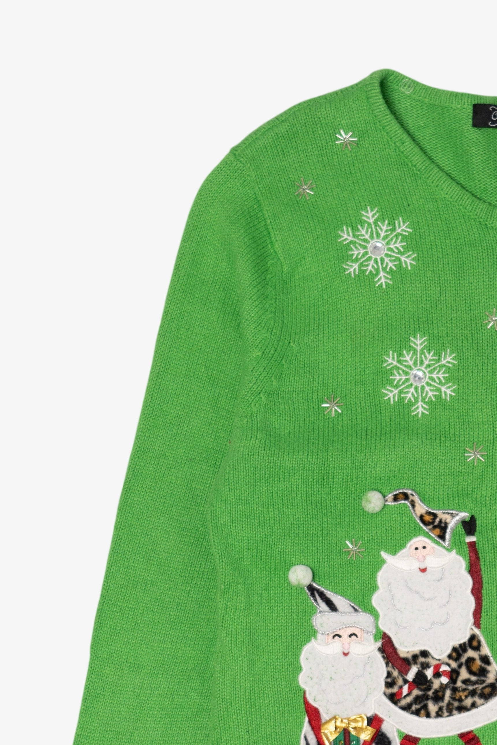 Vintage Green Crystal Kobe Santa Animal Print Ugly Christmas Cardigan (1990s)