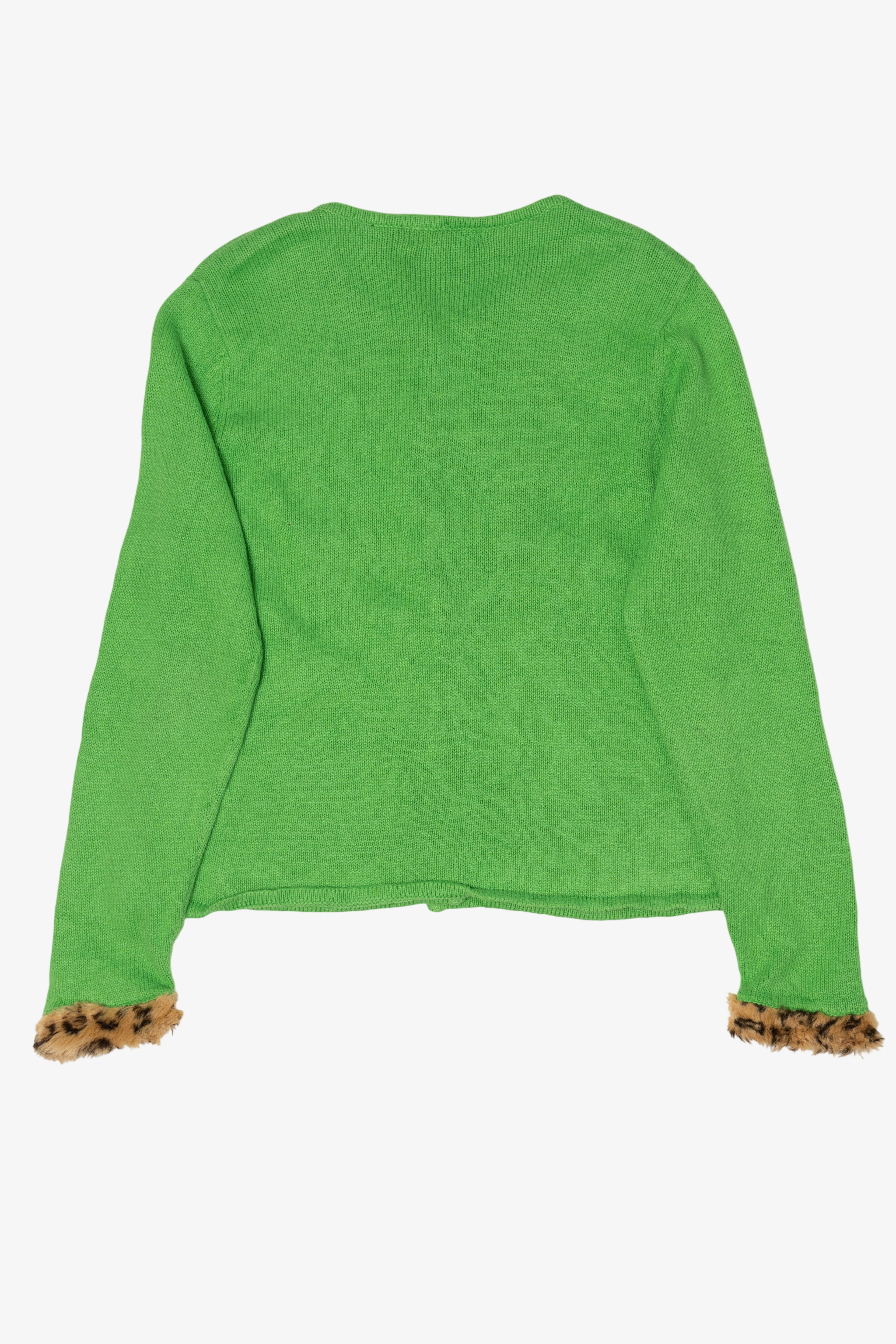 Vintage Green Crystal Kobe Santa Animal Print Ugly Christmas Cardigan (1990s)