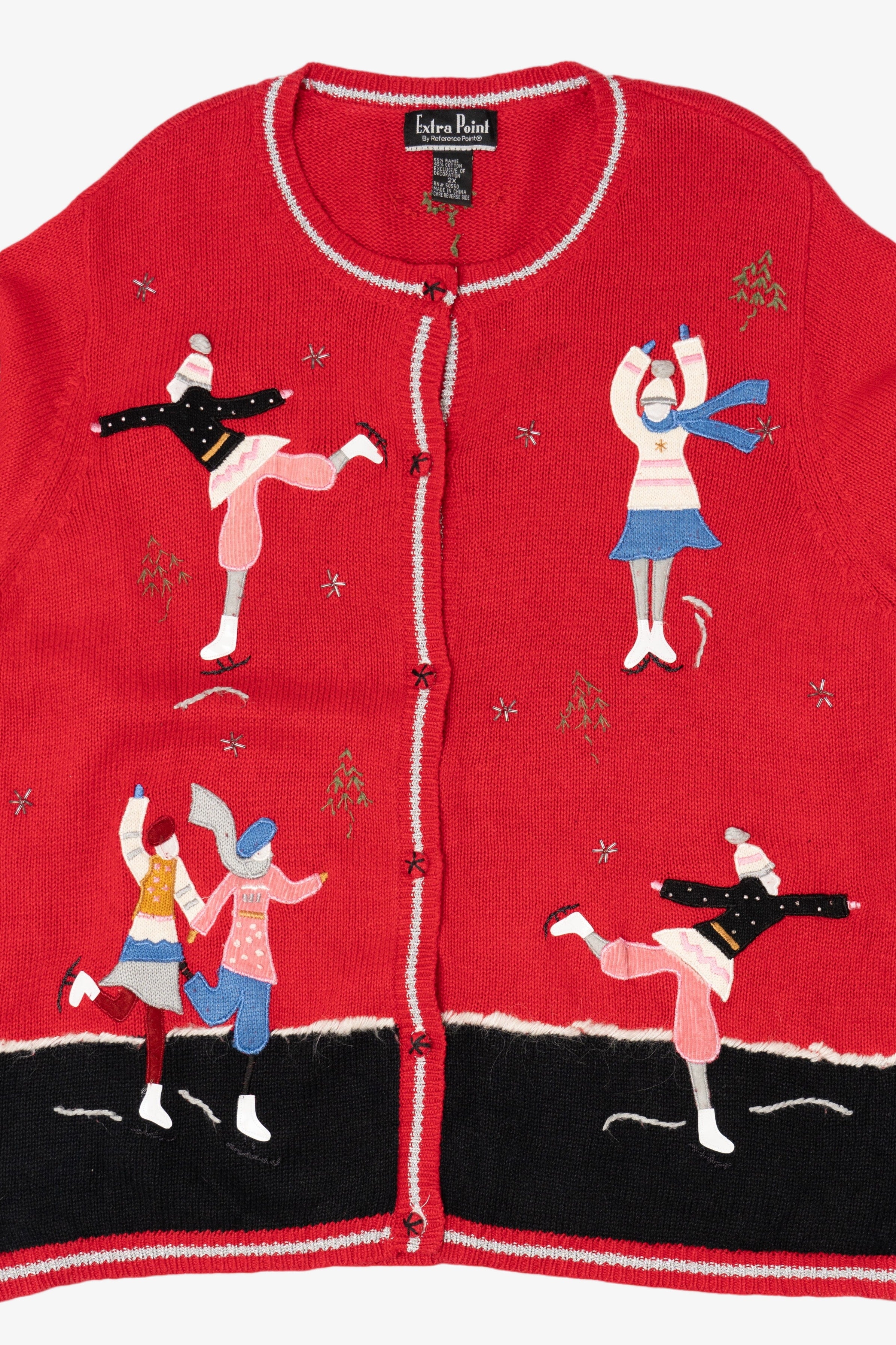 Vintage Red Extra Point Ice Skating Ugly Christmas Cardigan (2000s)