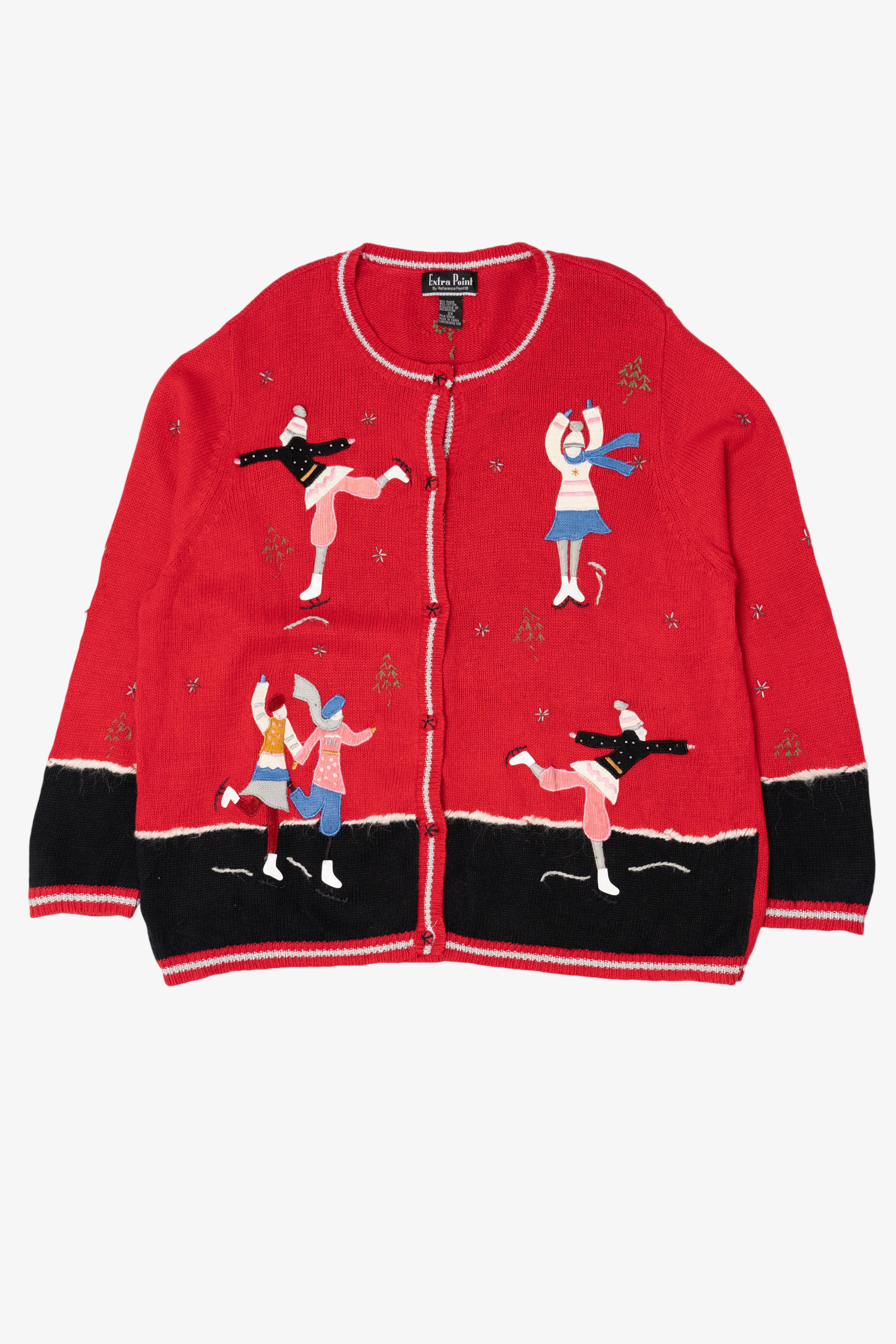 Vintage Red Extra Point Ice Skating Ugly Christmas Cardigan (2000s)