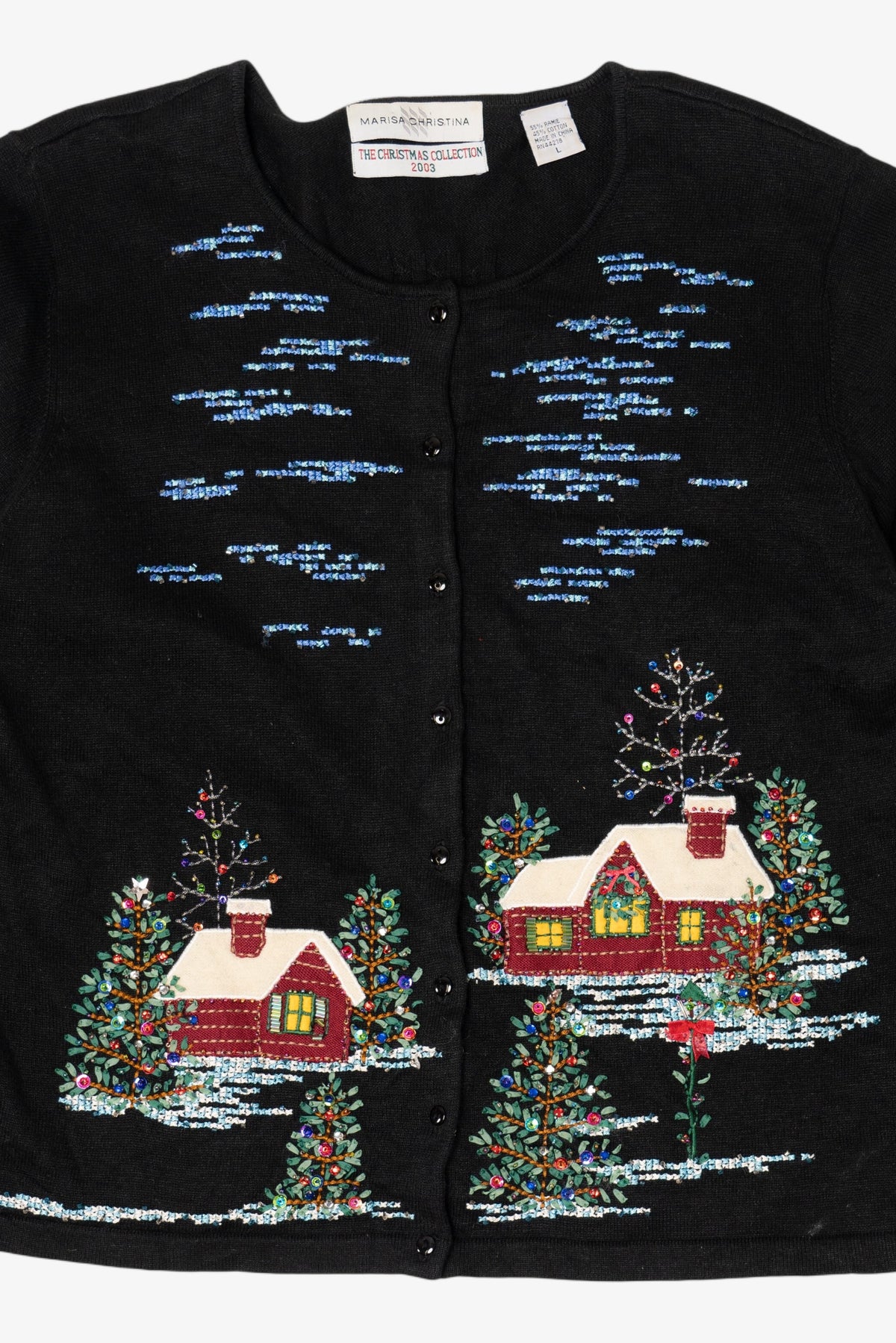 Vintage Y2k Lightweight Marisa Christina Cross Stitch Landscape Ugly Christmas Cardigan (2000s)