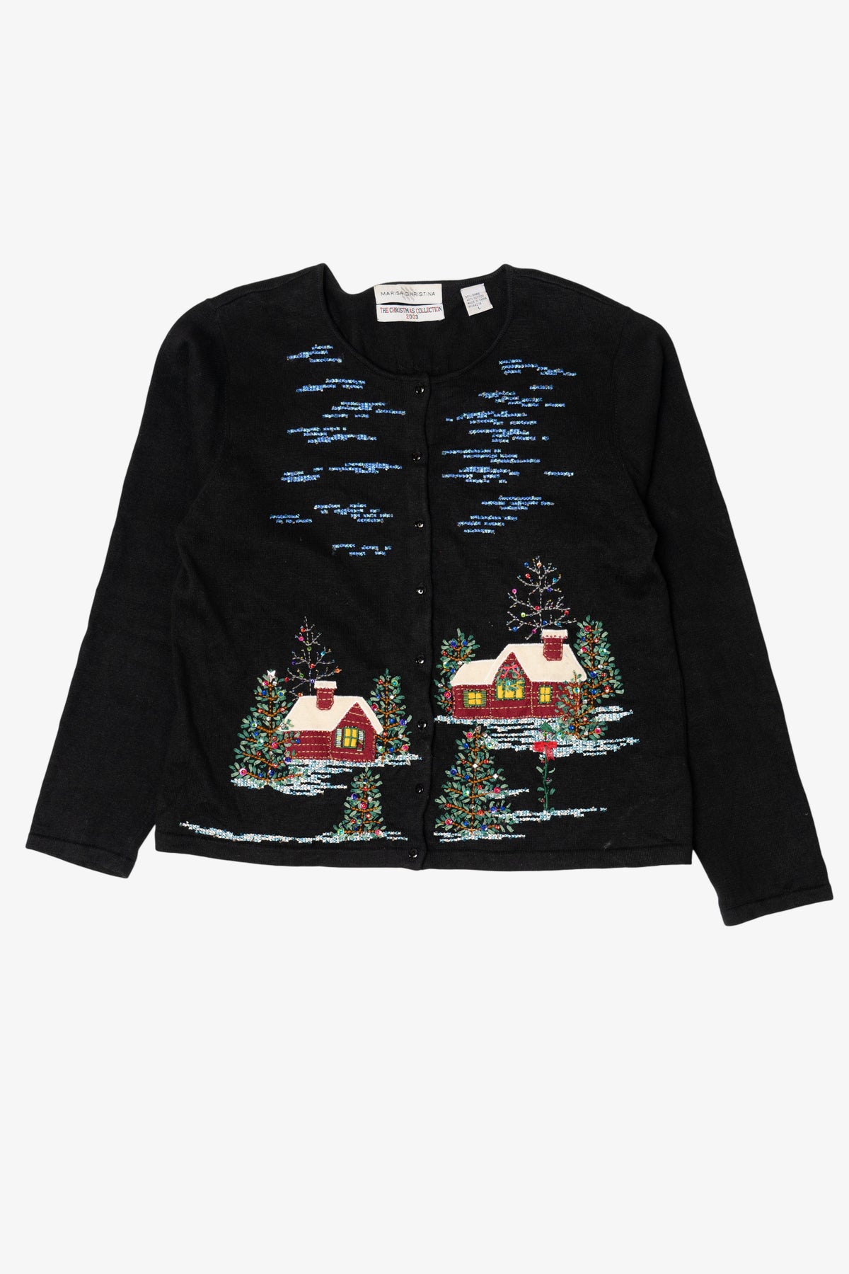 Vintage Y2k Lightweight Marisa Christina Cross Stitch Landscape Ugly Christmas Cardigan (2000s)