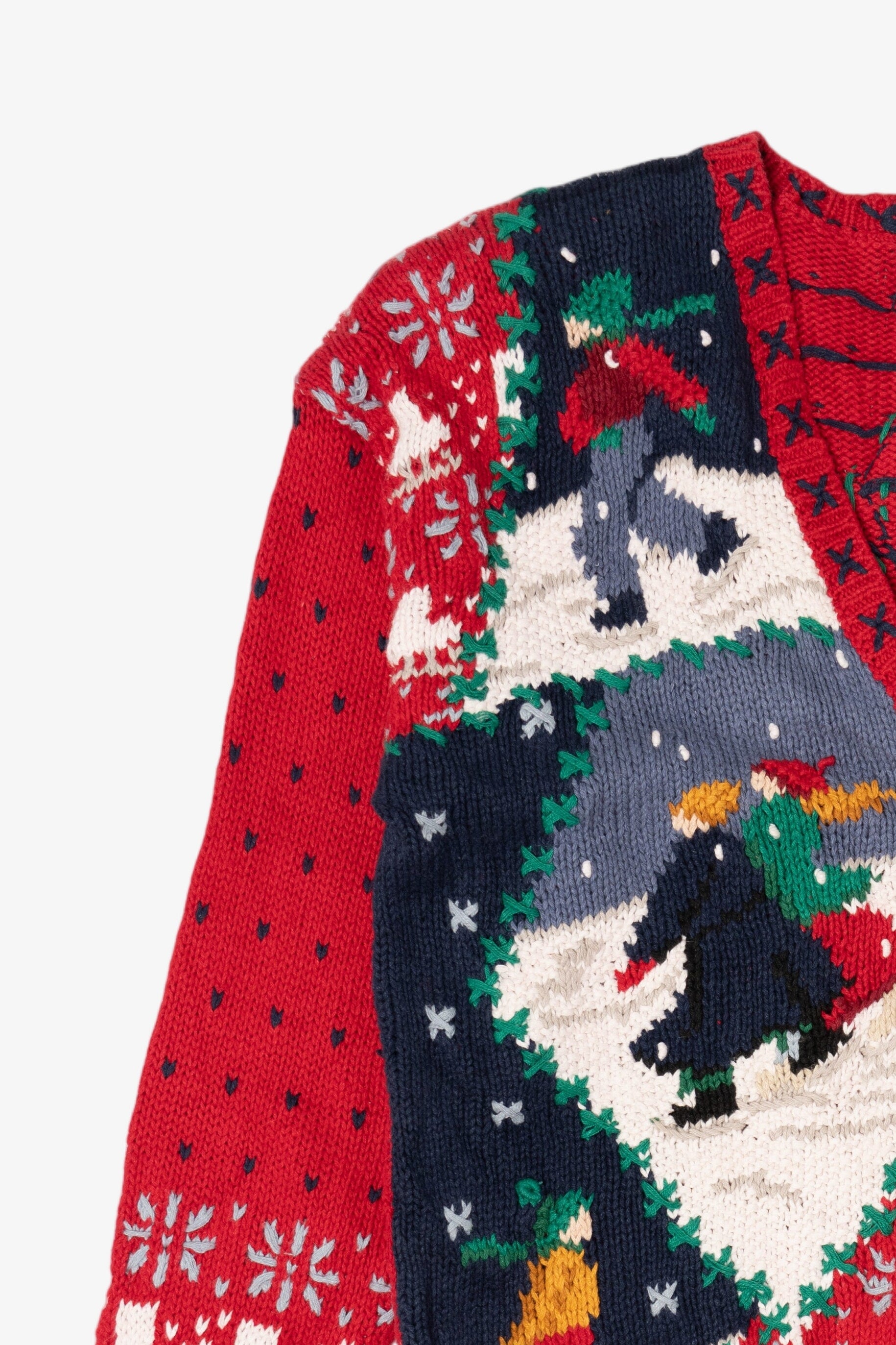 Vintage Hand Knit Red Signatures Ice Skating Ugly Christmas Cardigan (1990s)