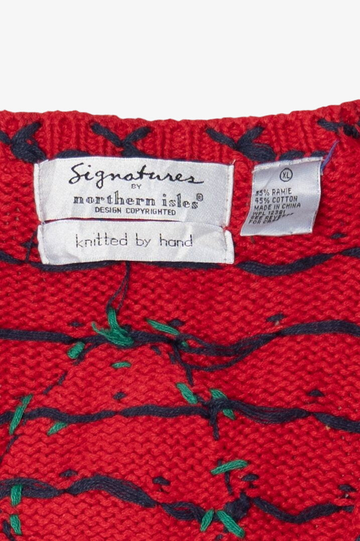 Vintage Hand Knit Red Signatures Ice Skating Ugly Christmas Cardigan (1990s)