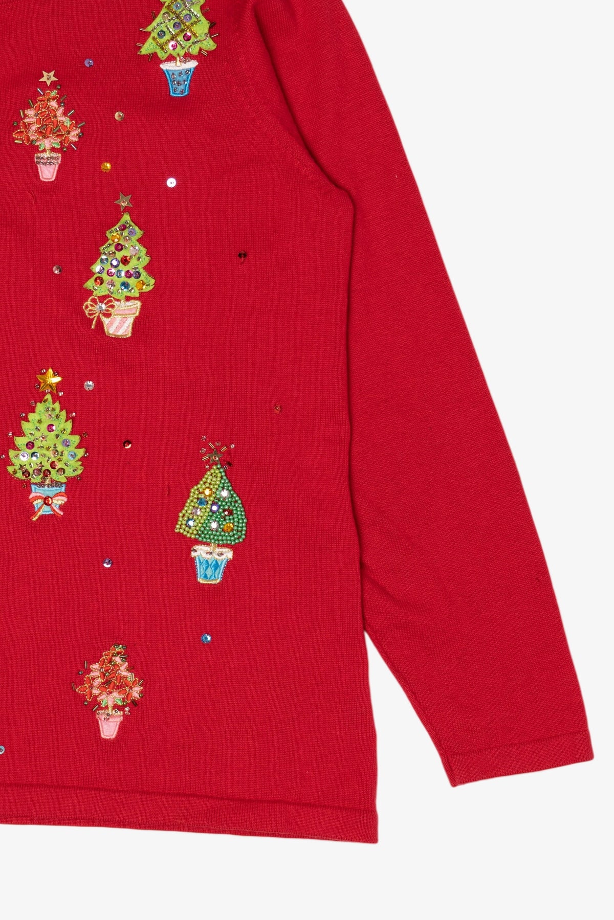 Vintage Y2k Lightweight Red Quacker Factory Trees Ugly Christmas Cardigan (2000s)