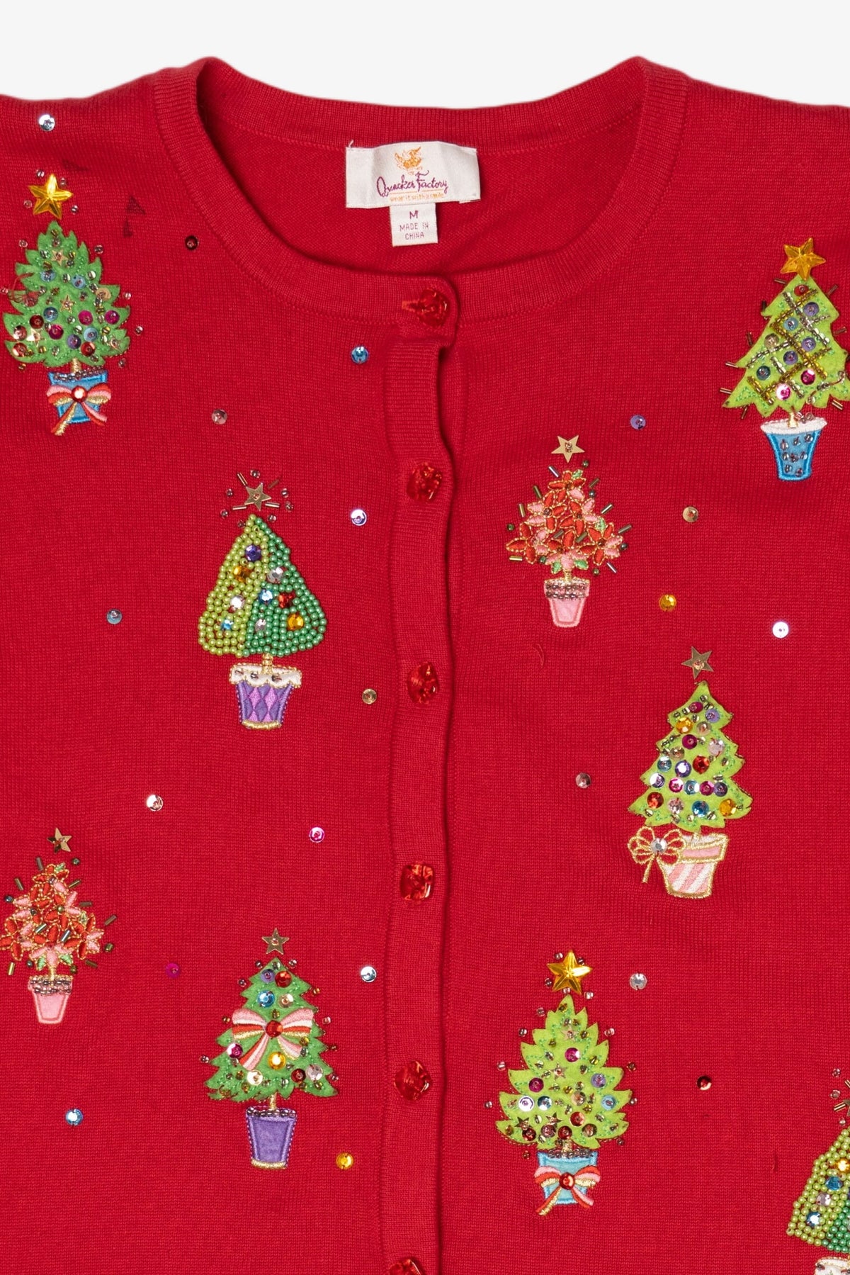 Vintage Y2k Lightweight Red Quacker Factory Trees Ugly Christmas Cardigan (2000s)