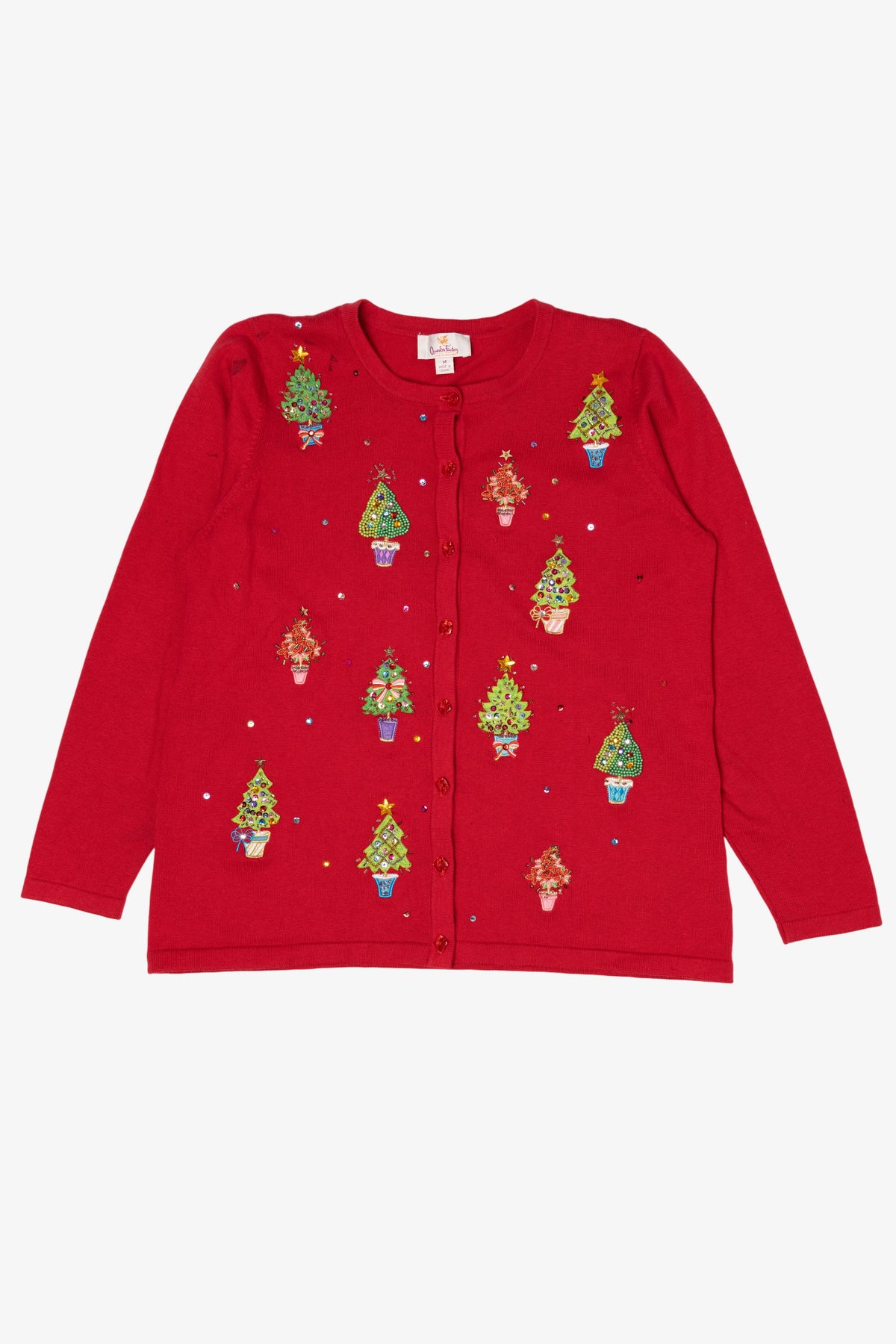 Vintage Y2k Lightweight Red Quacker Factory Trees Ugly Christmas Cardigan (2000s)