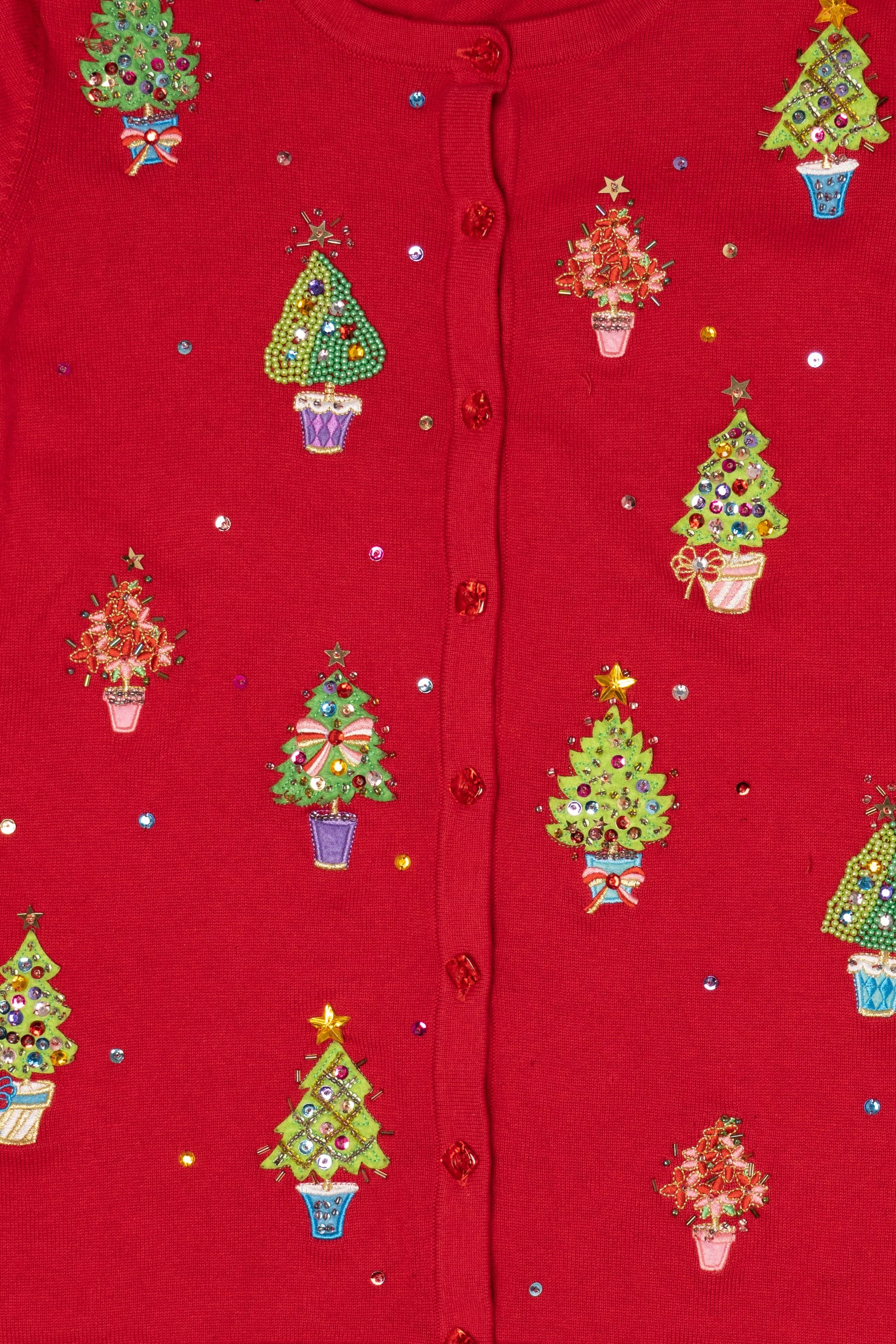 Vintage Y2k Lightweight Red Quacker Factory Trees Ugly Christmas Cardigan (2000s)