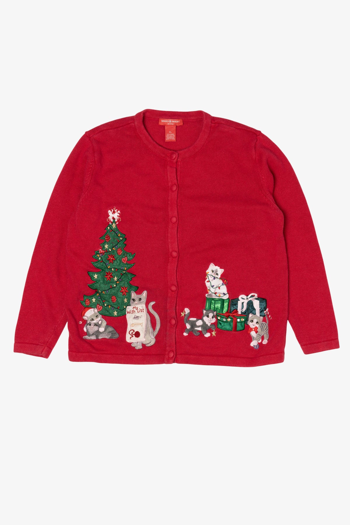 Vintage Red Merry & Bright Cats Ugly Christmas Cardigan (2000s)