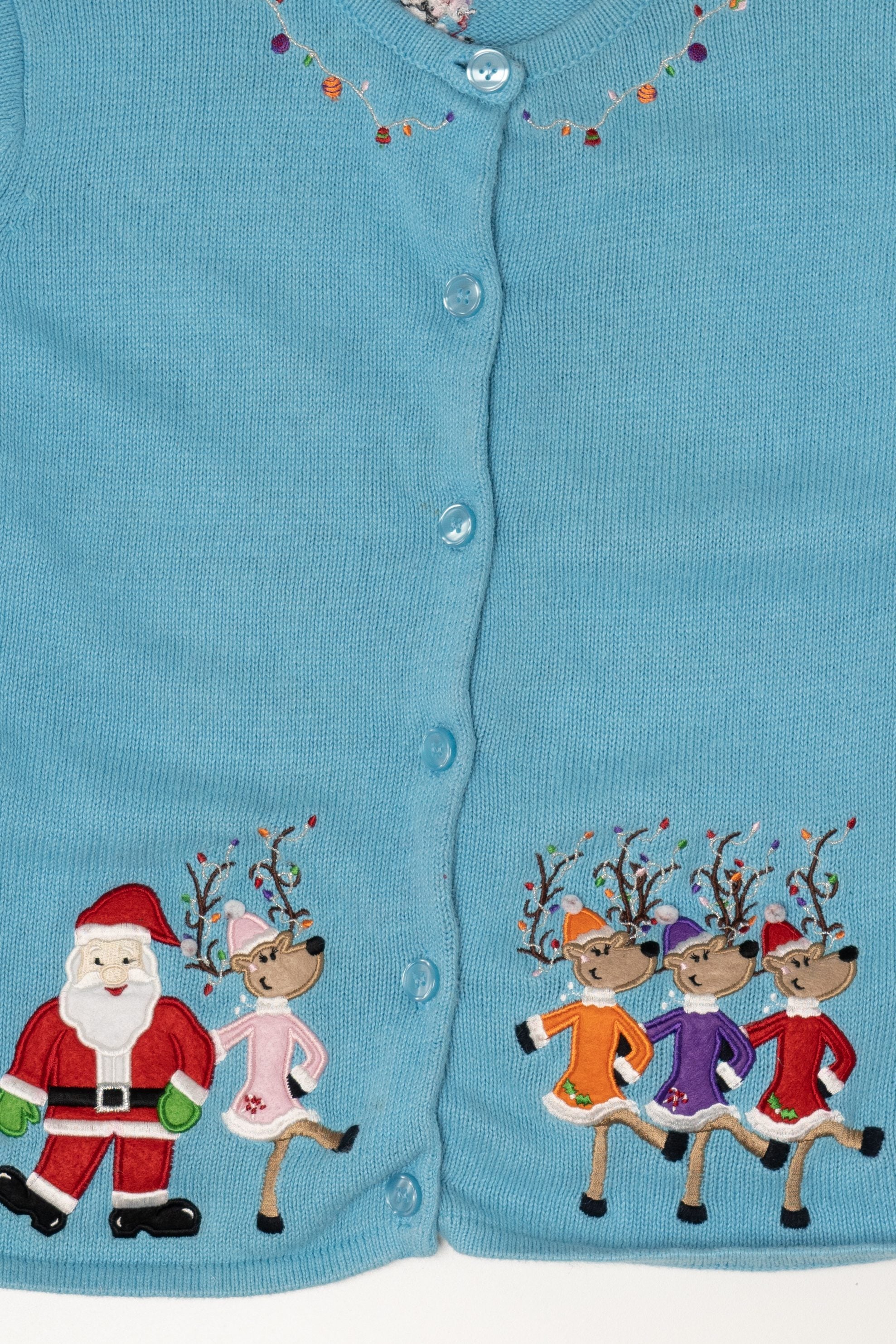 Vintage Blue Copper Key Dancing Reindeer Ugly Christmas Cardigan (2000s)