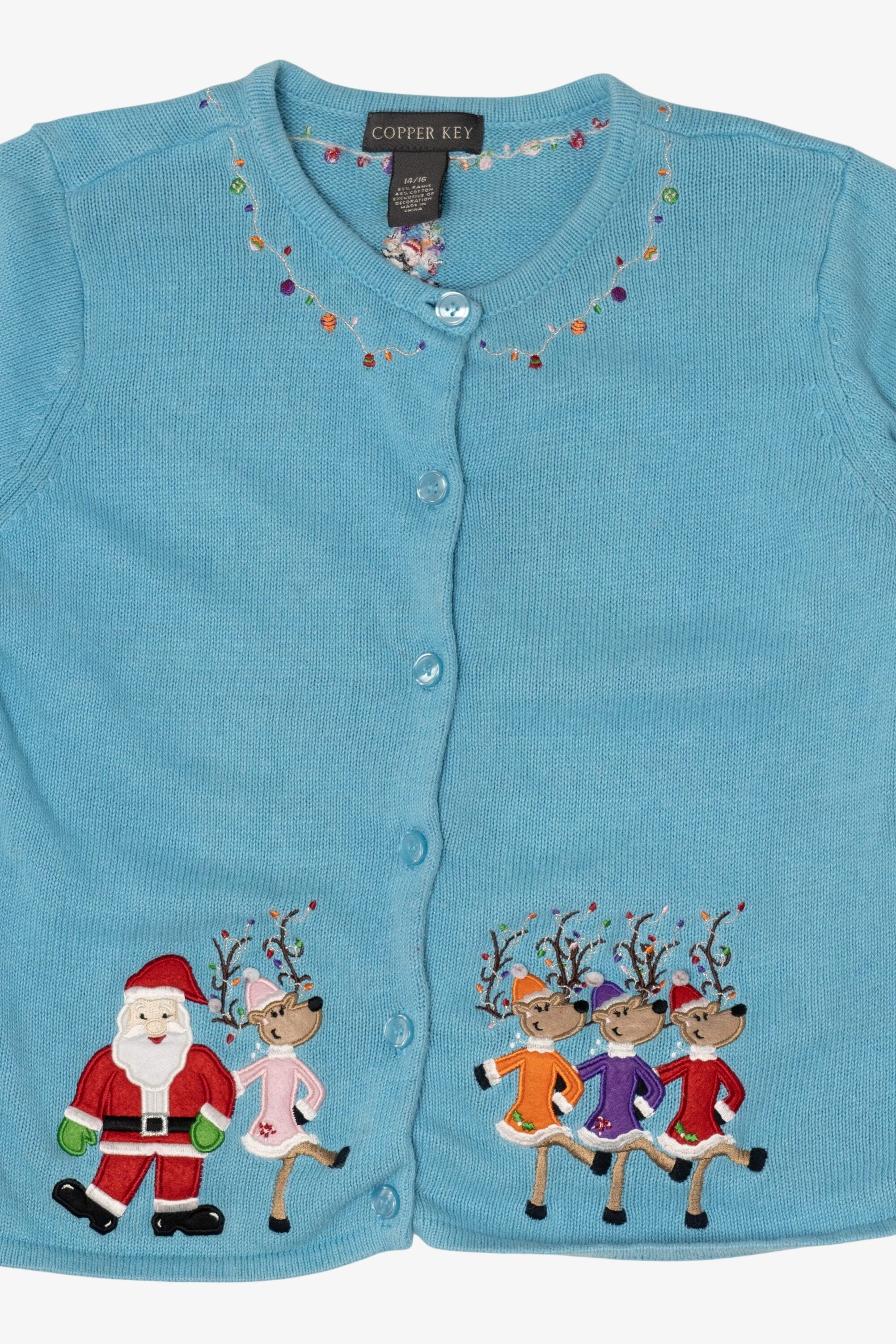 Vintage Blue Copper Key Dancing Reindeer Ugly Christmas Cardigan (2000s)