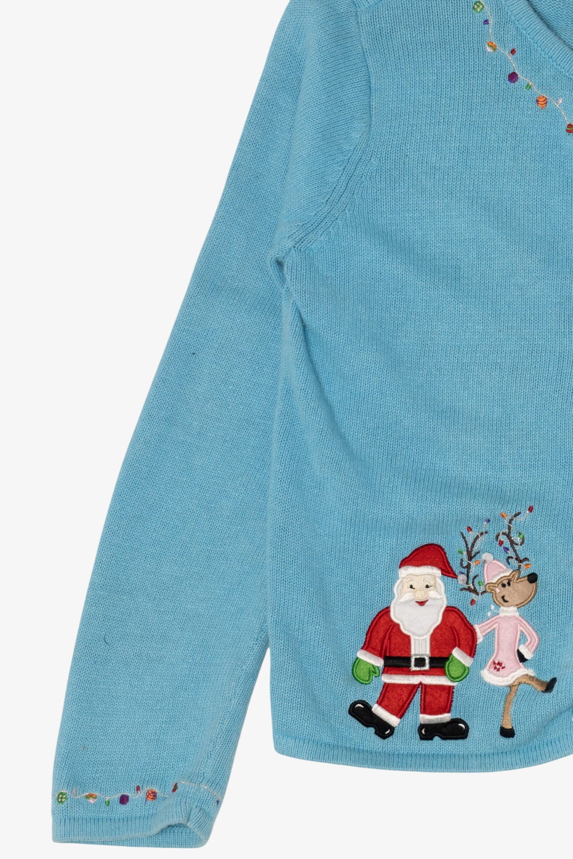 Vintage Blue Copper Key Dancing Reindeer Ugly Christmas Cardigan (2000s)