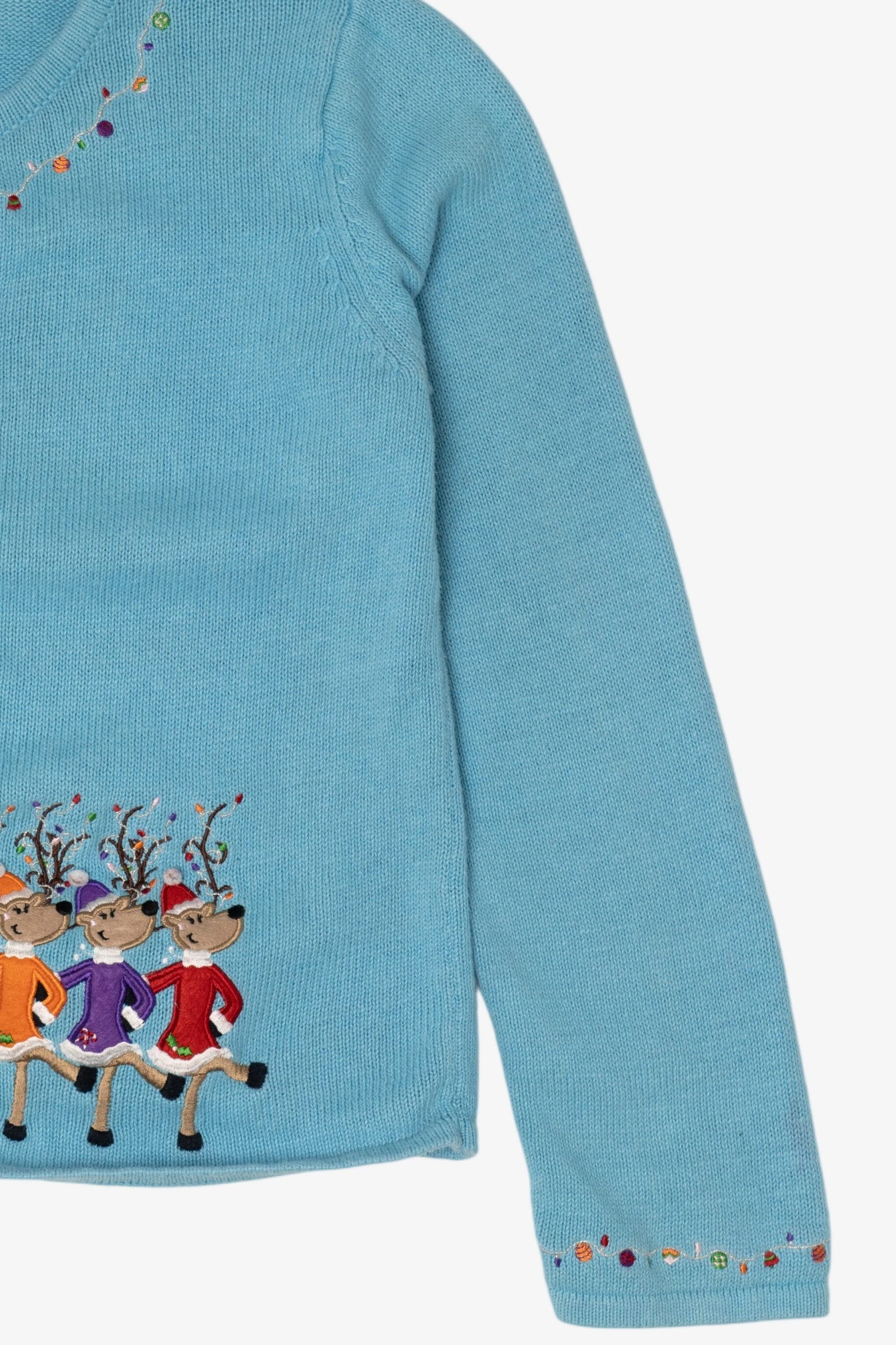 Vintage Blue Copper Key Dancing Reindeer Ugly Christmas Cardigan (2000s)
