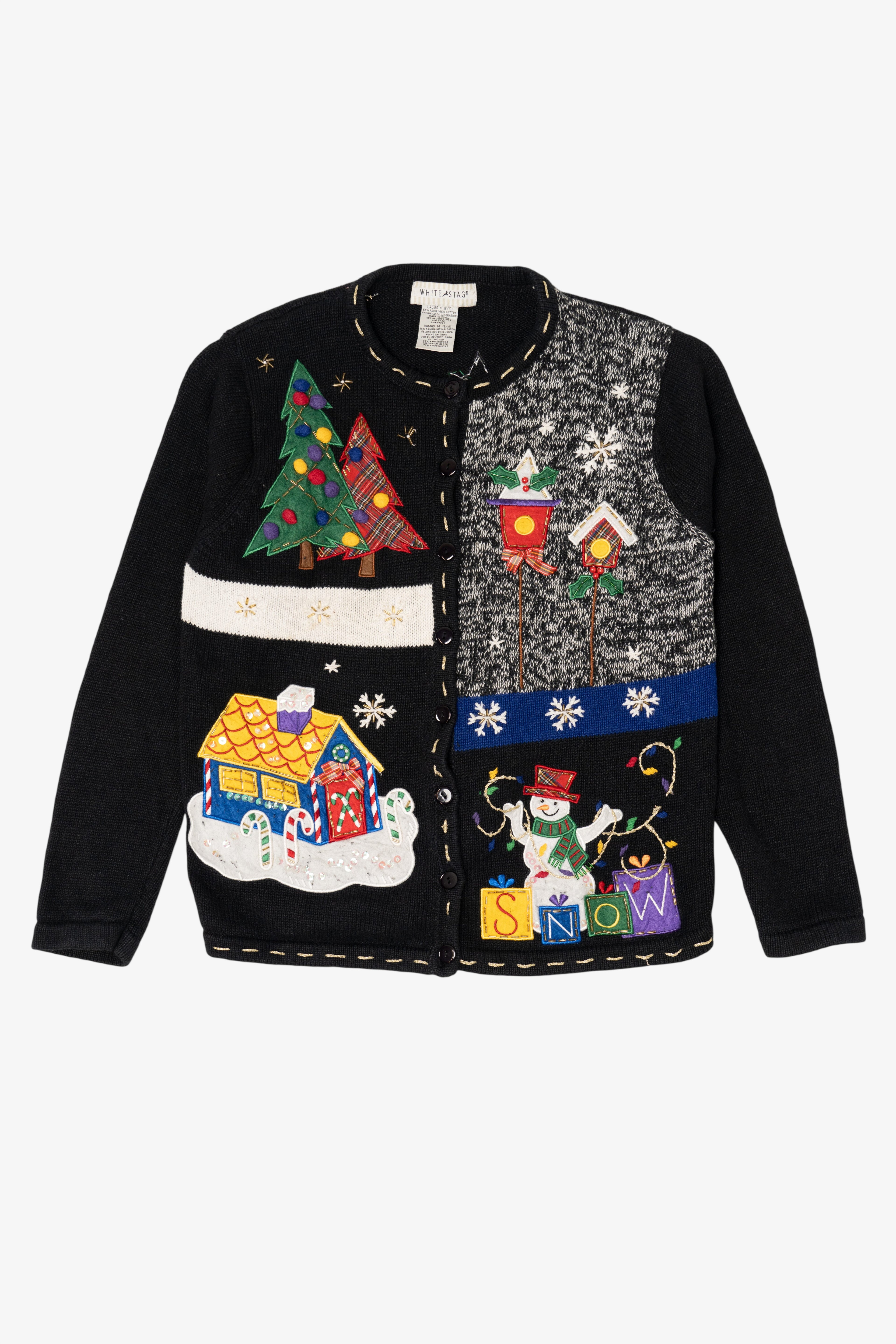 Vintage Black White Stag Snowmen Ugly Christmas Cardigan (1990s)