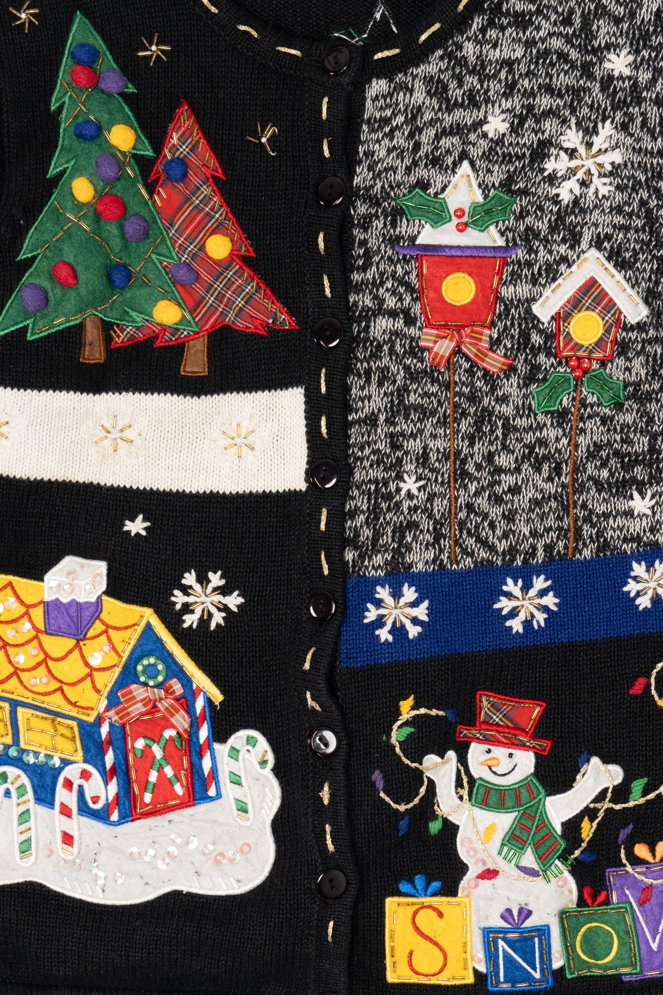 Vintage Black White Stag Snowmen Ugly Christmas Cardigan (1990s)