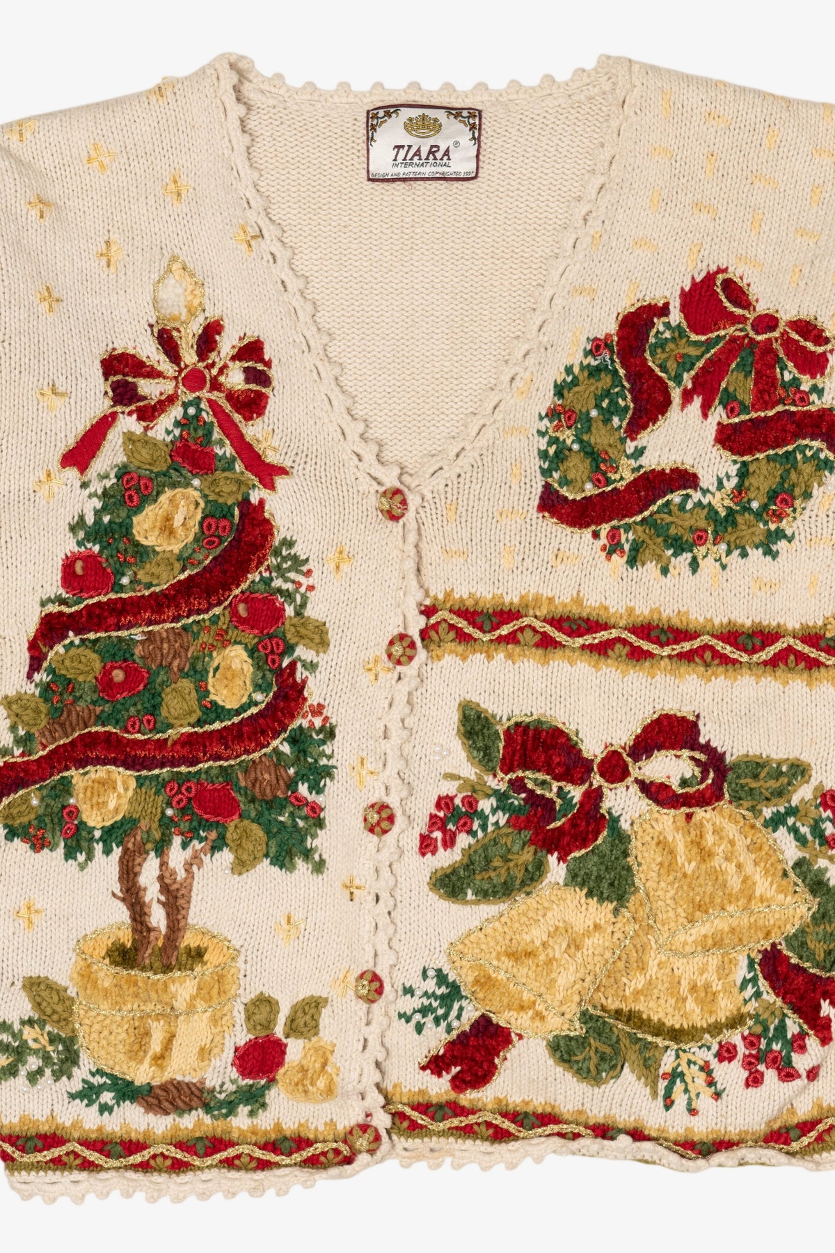 Vintage Ivory Tiara International Ugly Christmas Cardigan (1990s)