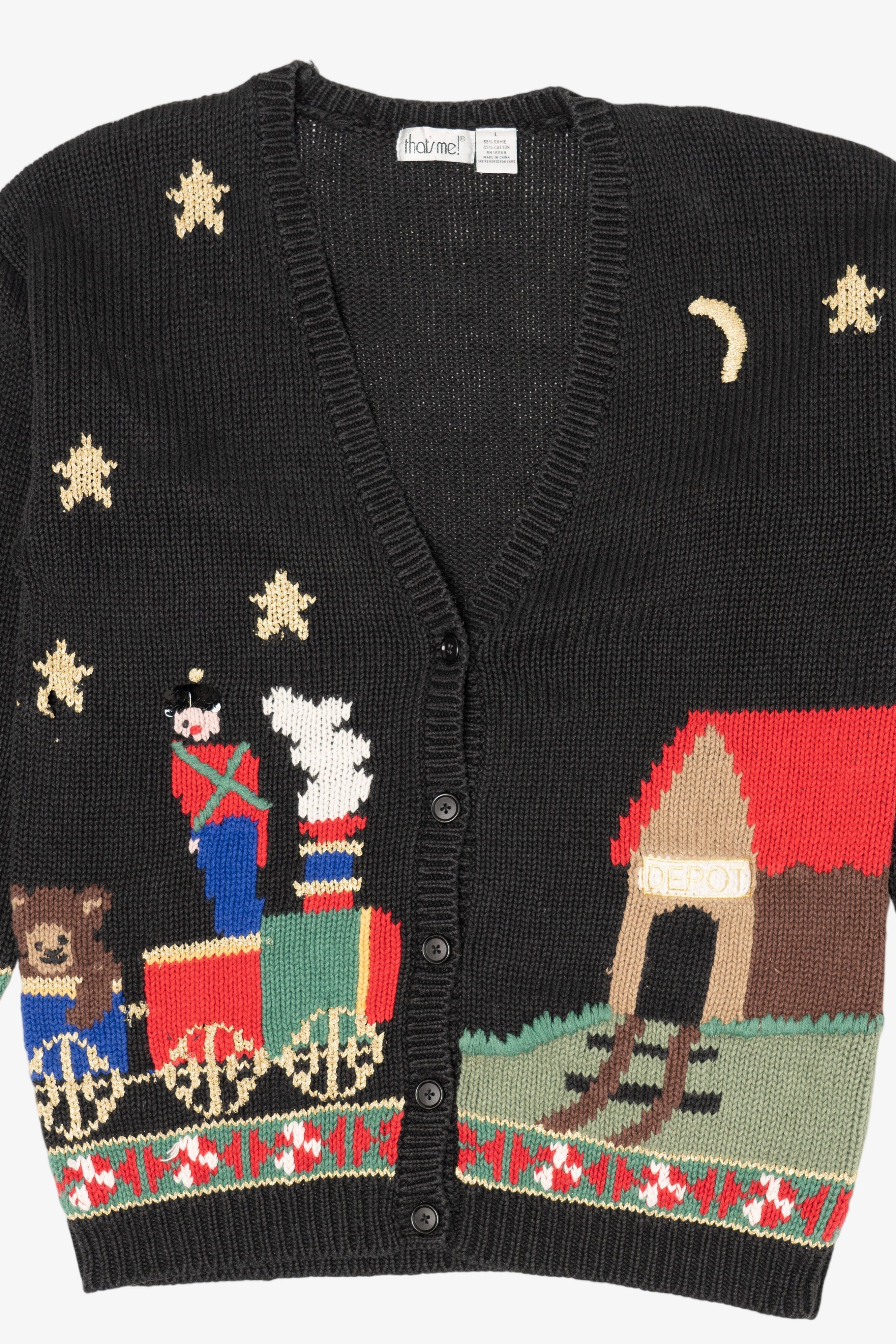 Vintage Black That's Me! Toys On A Train Ugly Christmas Cardigan (1990s)