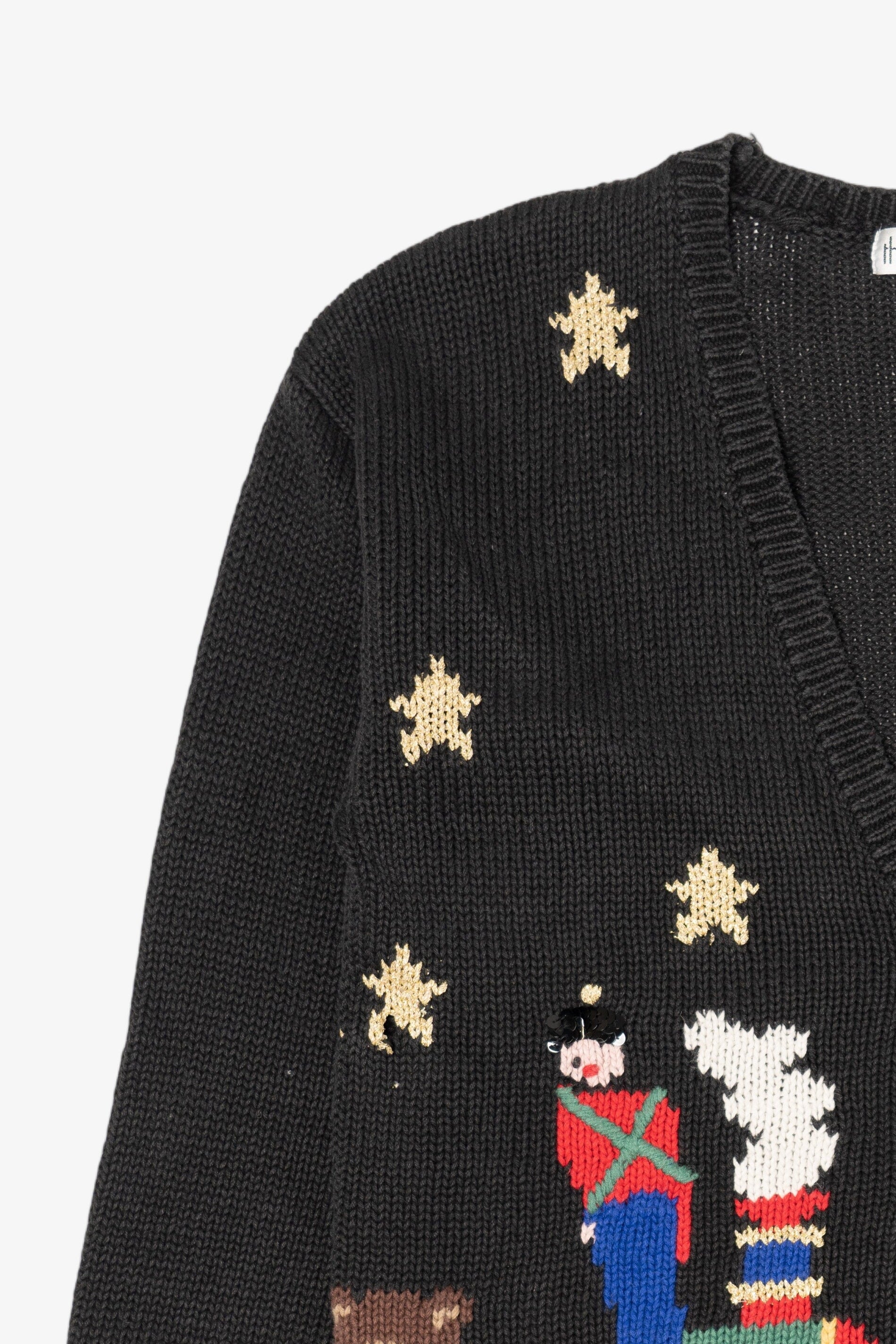 Vintage Black That's Me! Toys On A Train Ugly Christmas Cardigan (1990s)