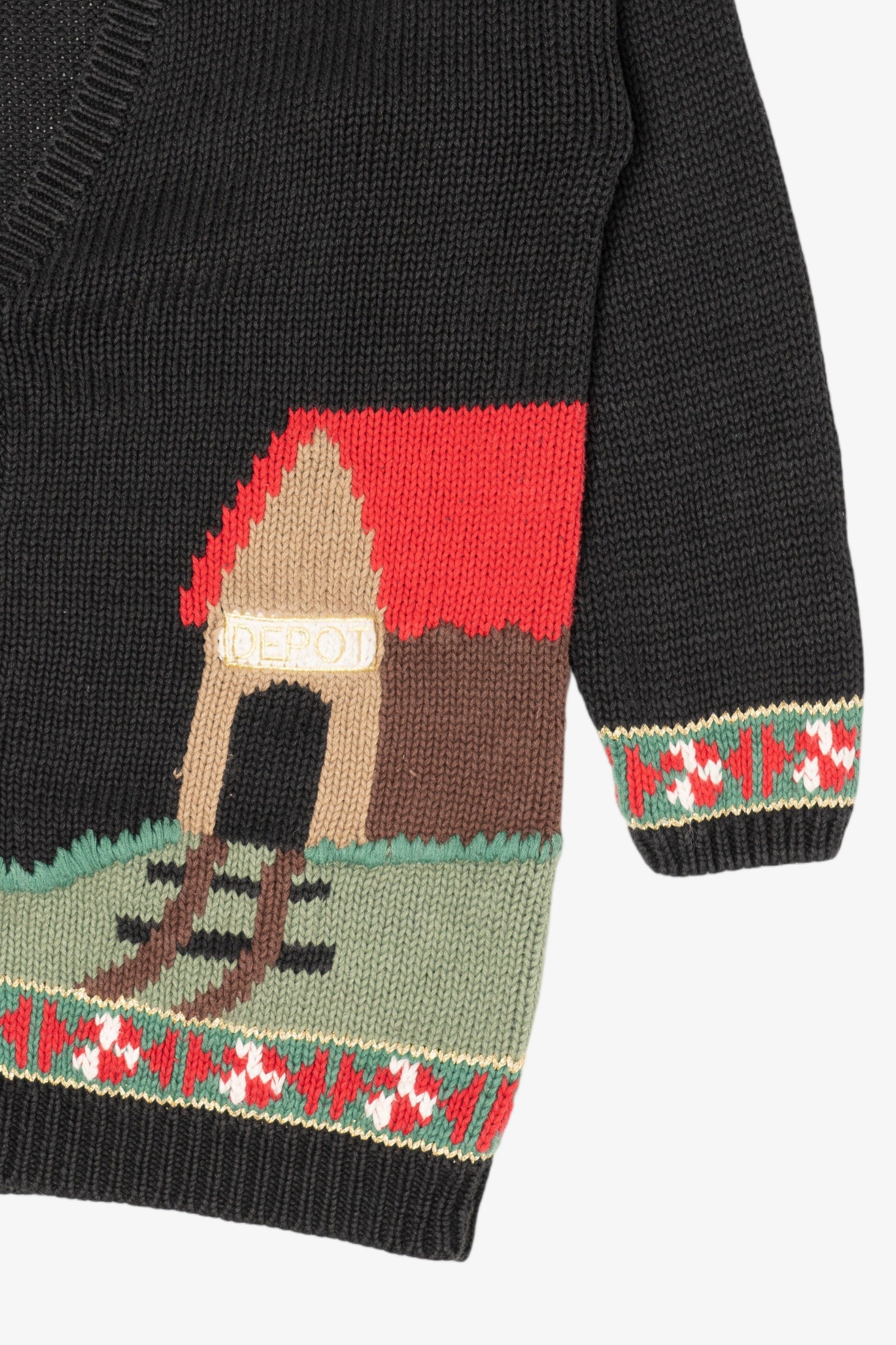 Vintage Black That's Me! Toys On A Train Ugly Christmas Cardigan (1990s)