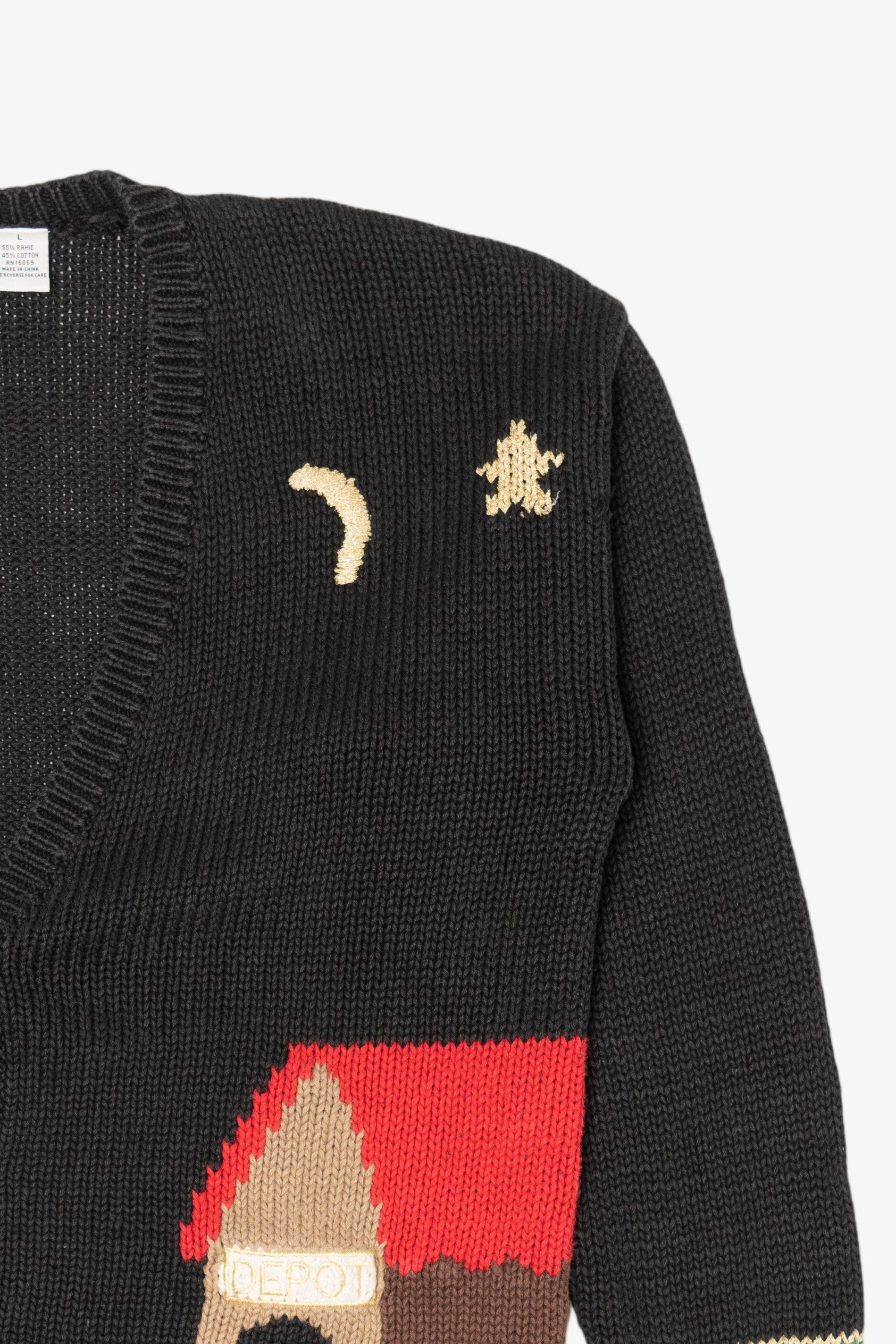 Vintage Black That's Me! Toys On A Train Ugly Christmas Cardigan (1990s)