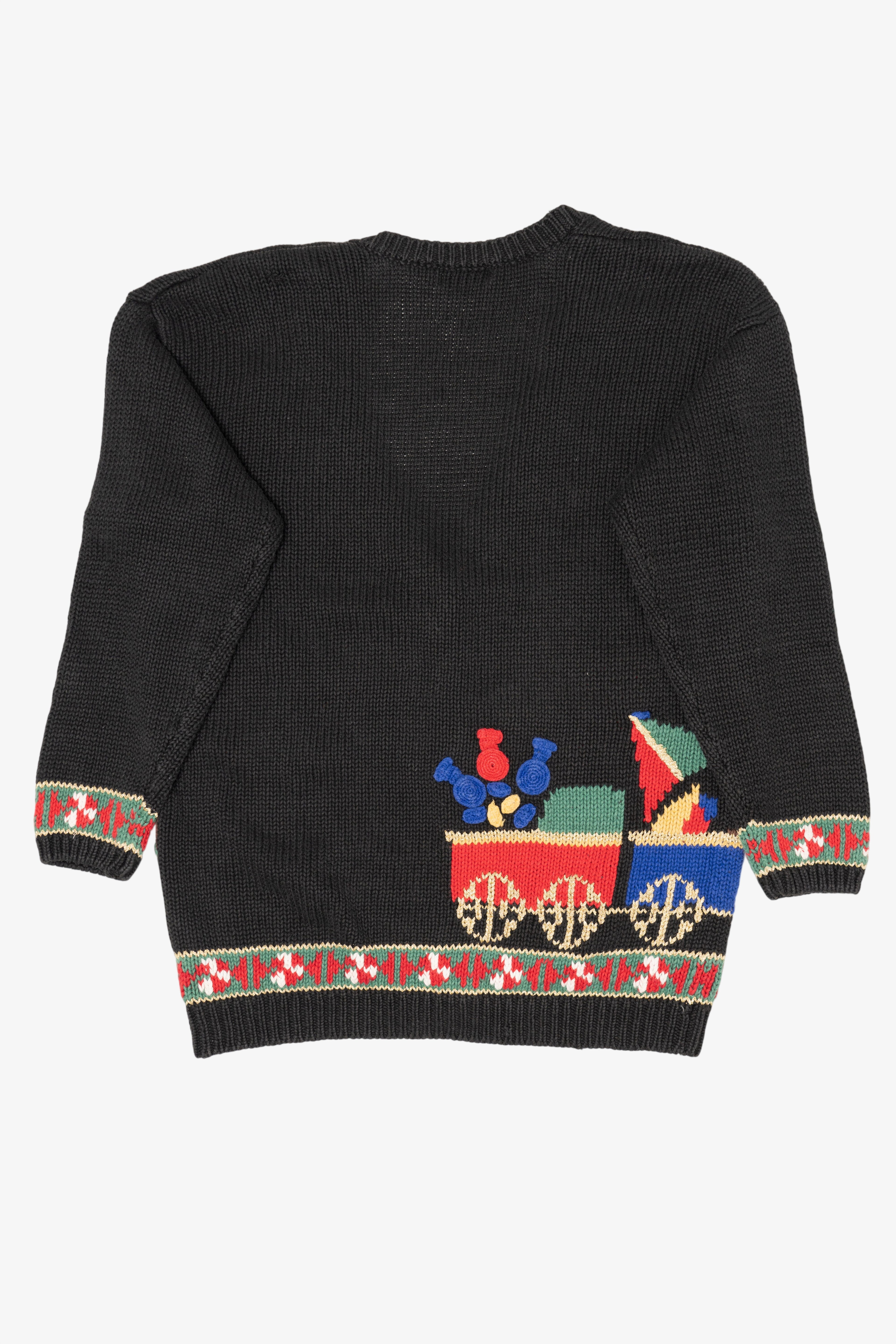 Vintage Black That's Me! Toys On A Train Ugly Christmas Cardigan (1990s)