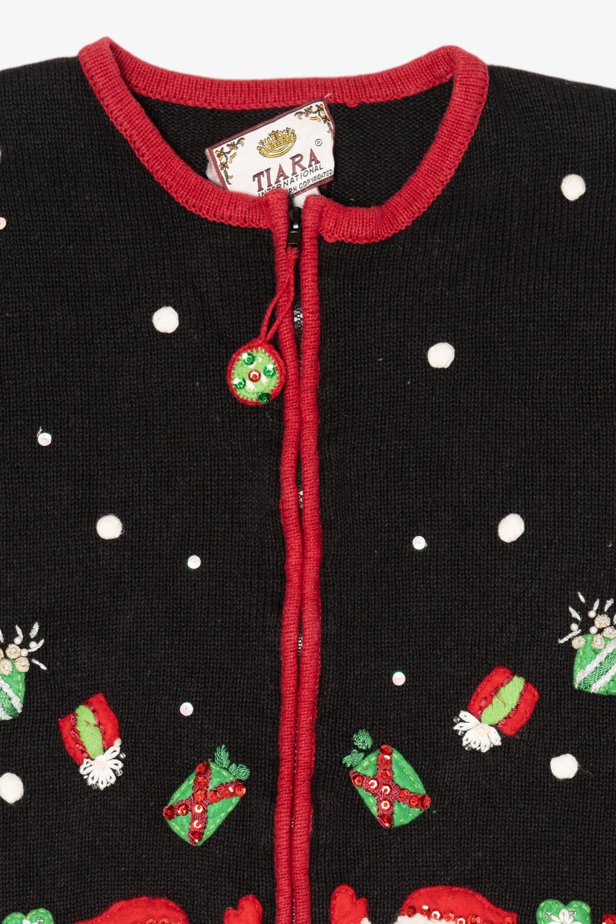 Vintage Black Tiara International Santas Throwing Presents Ugly Christmas Cardigan (2000s)