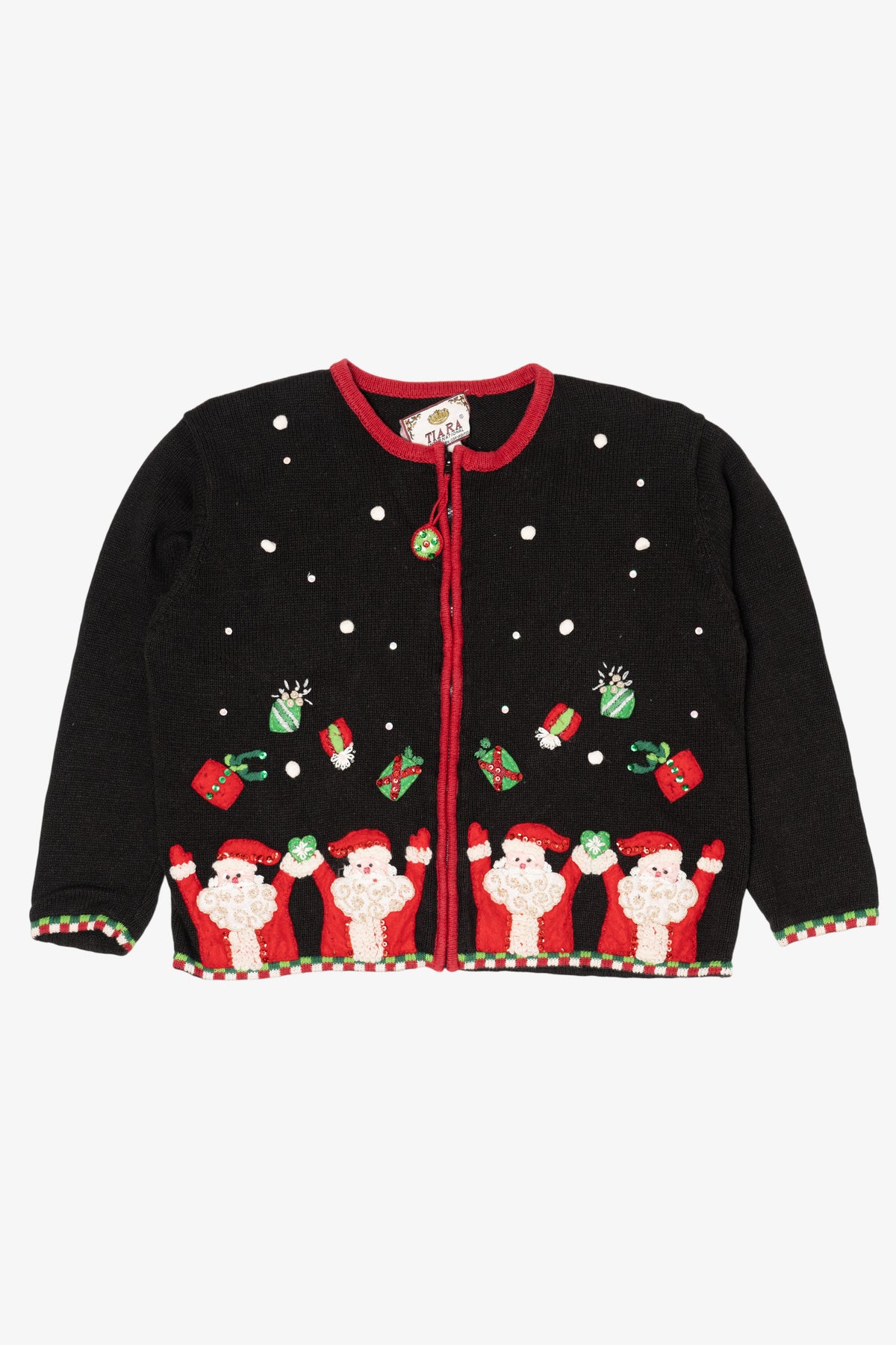 Vintage Black Tiara International Santas Throwing Presents Ugly Christmas Cardigan (2000s)