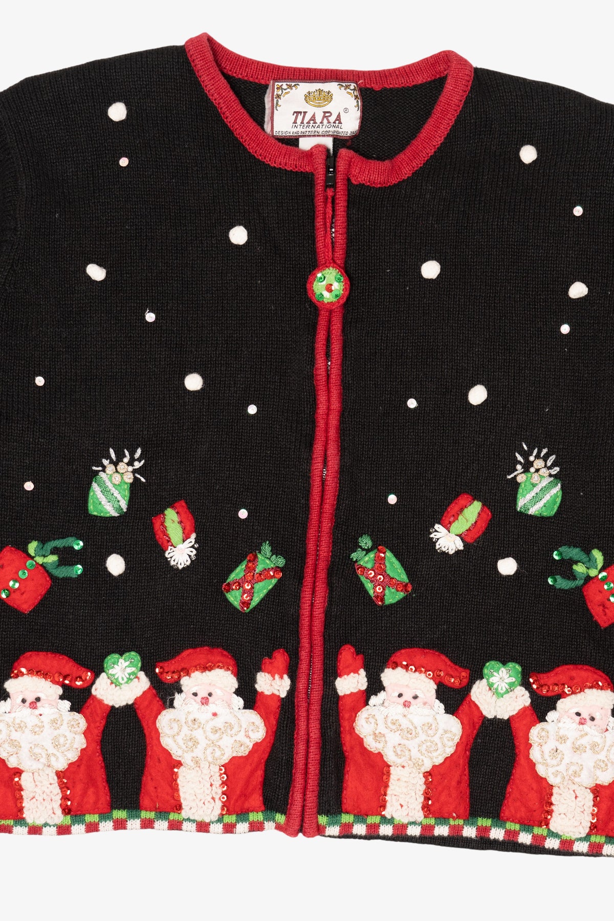 Vintage Black Tiara International Santas Throwing Presents Ugly Christmas Cardigan (2000s)