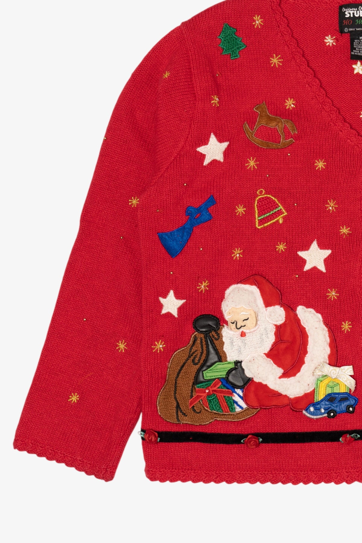 Vintage Red Designers Originals Studio Santa Placing Presents Ugly Christmas Cardigan (1990s)