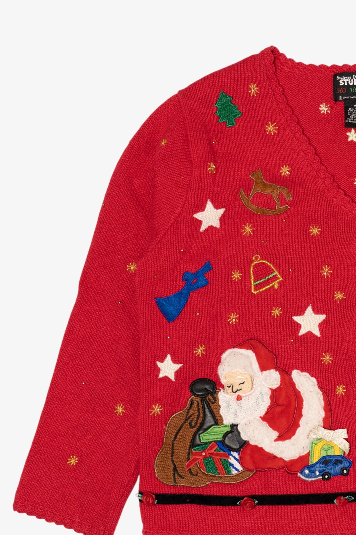 Vintage Red Designers Originals Studio Santa Placing Presents Ugly Christmas Cardigan (1990s)