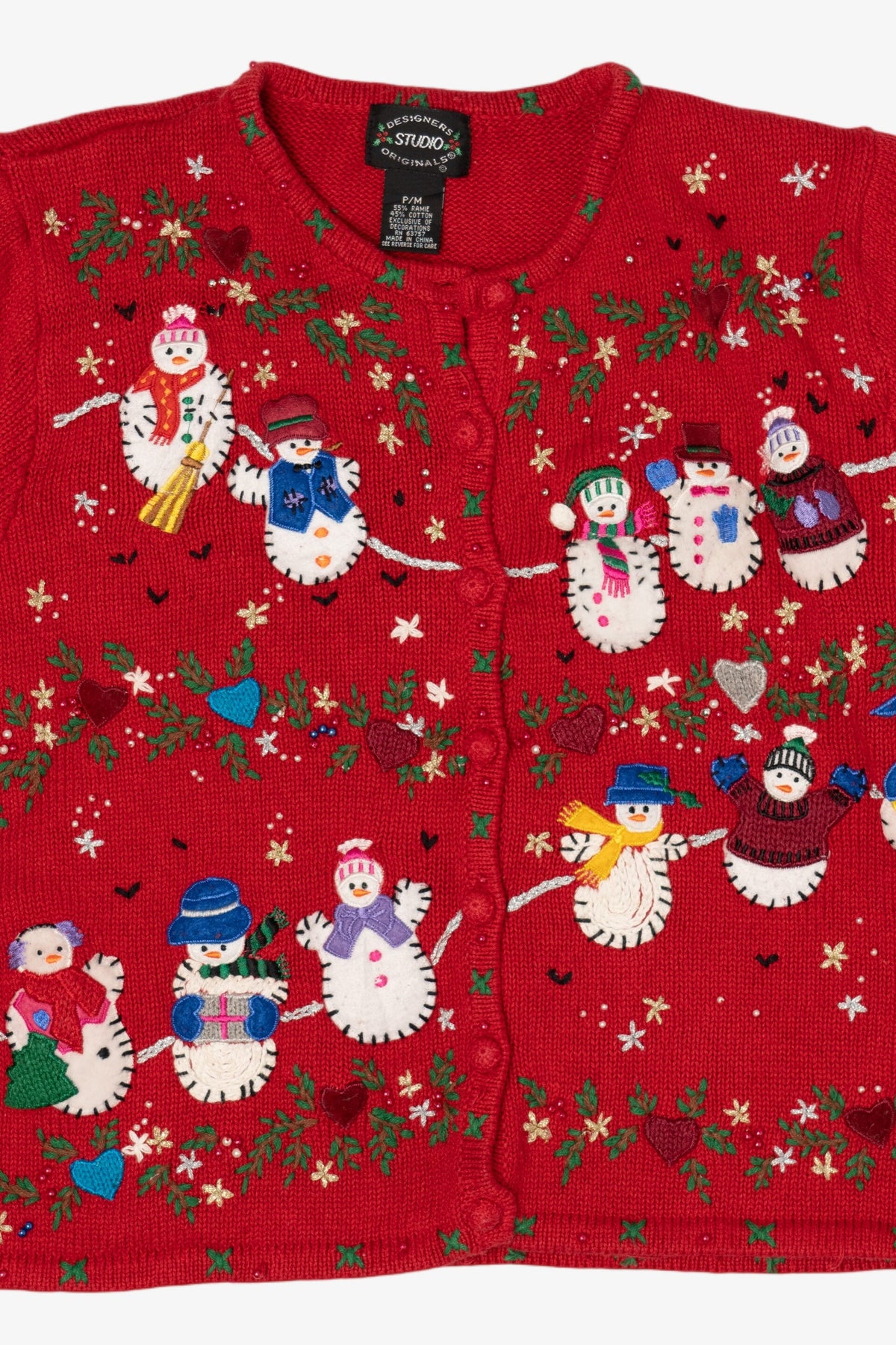 Vintage Red Designers Originals Studio Snowmen Christmas Cardigan (1990s)