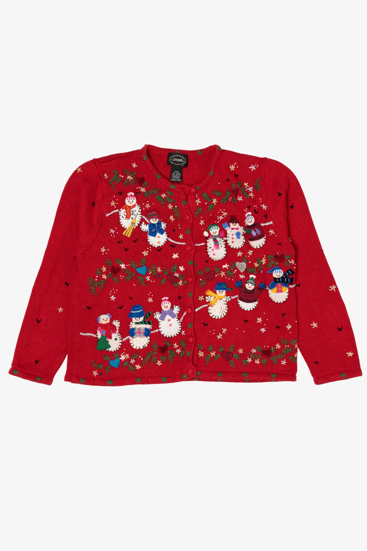 Vintage Red Designers Originals Studio Snowmen Christmas Cardigan (1990s)