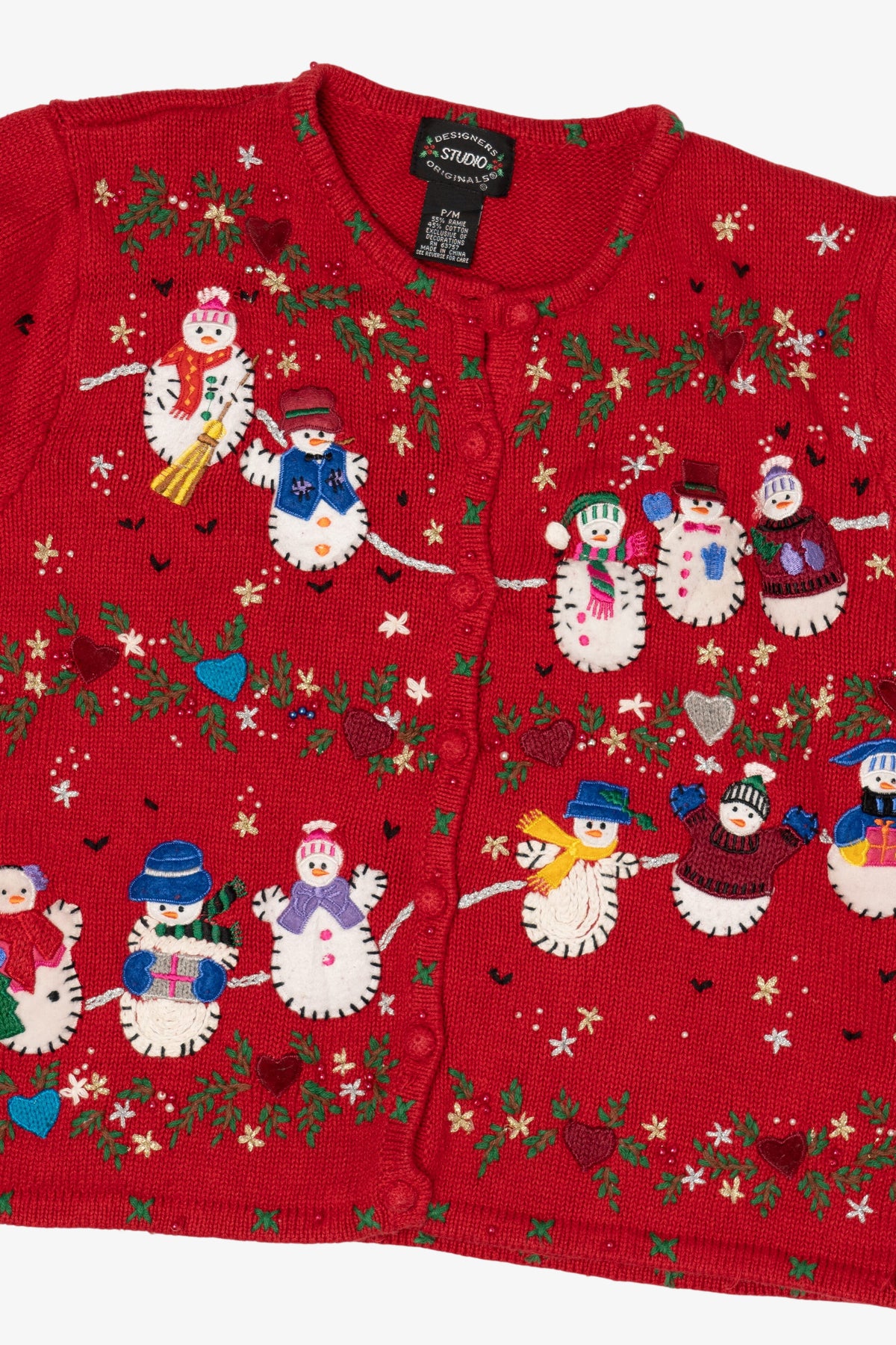 Vintage Red Designers Originals Studio Snowmen Christmas Cardigan (1990s)