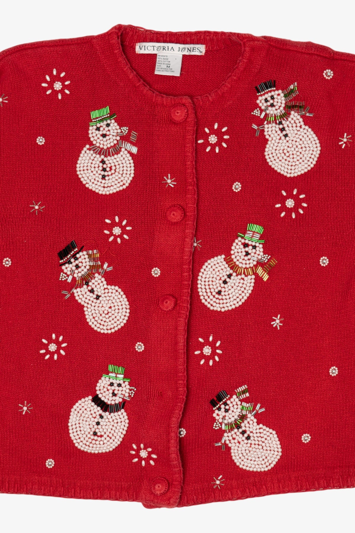 Vintage Red Victoria Jones Beaded Snowmen Ugly Christmas Cardigan (1990s)