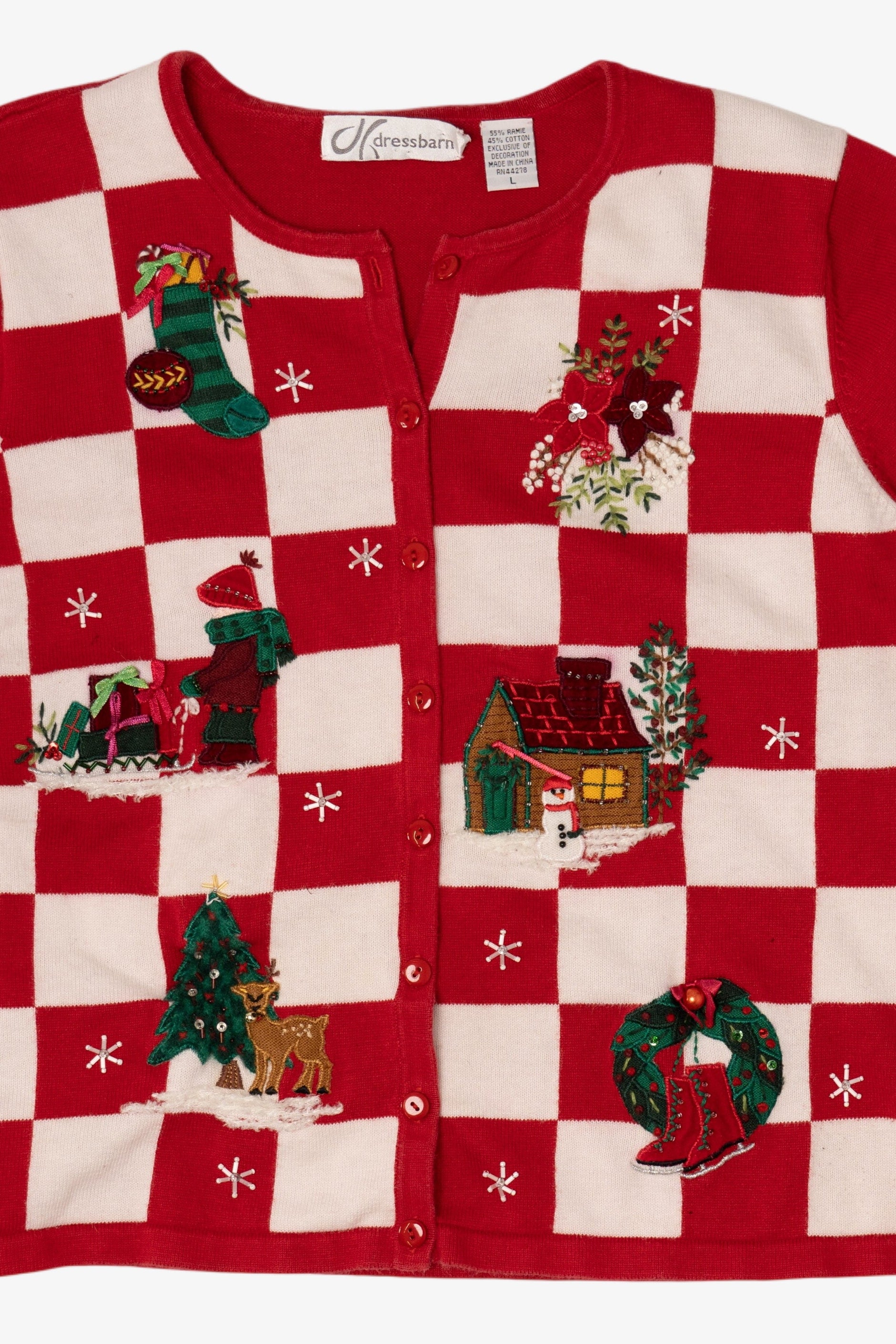 Vintage Red Checkered Dress Barn Ugly Christmas Cardigan (2000s)