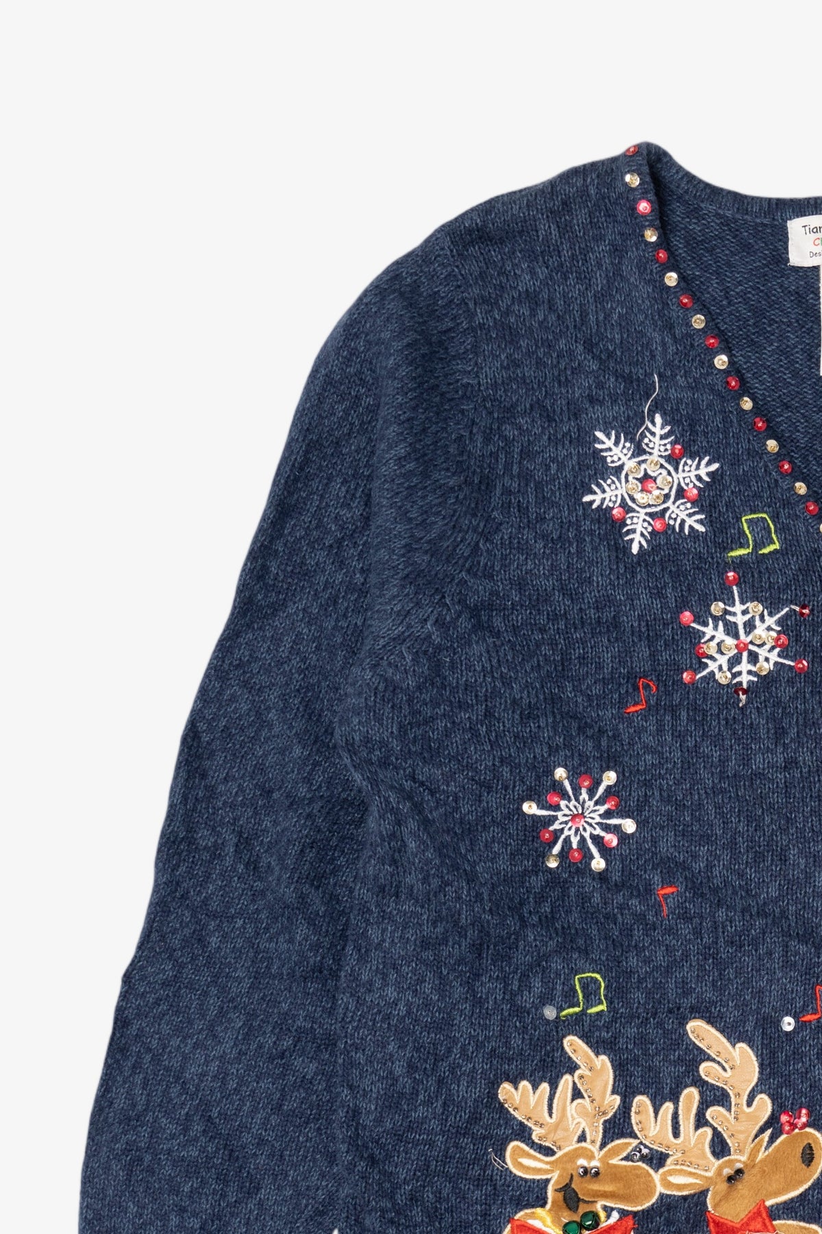 Vintage Blue Tiara International Reindeer Singing Ugly Christmas Cardigan (2000s)