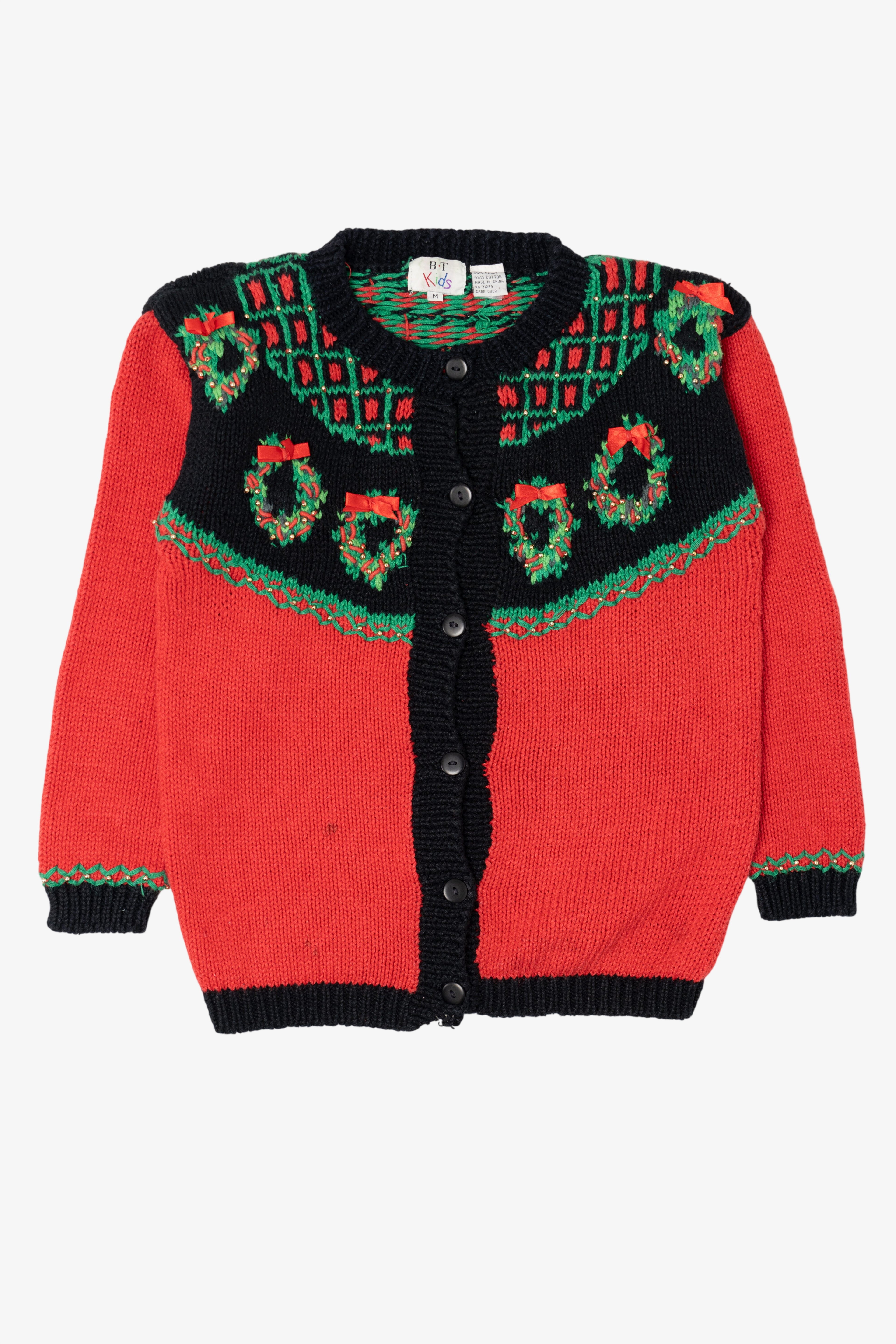 Vintage Red B.T Kids Wreaths Ugly Christmas Cardigan (1990s)